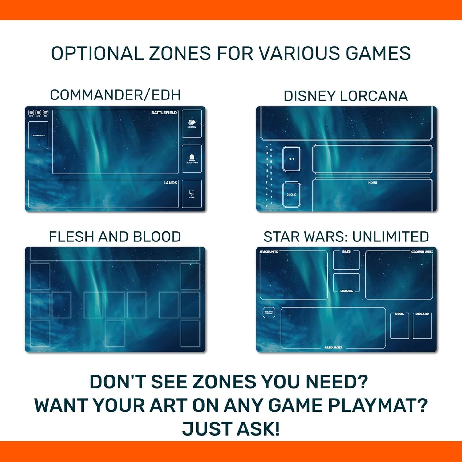 Custom TCG Playmat with Your Art and Optional Game Zones, 24"x14", Stitched or Unstitched Edges Card Game mat for CCGs and Tabletop Games