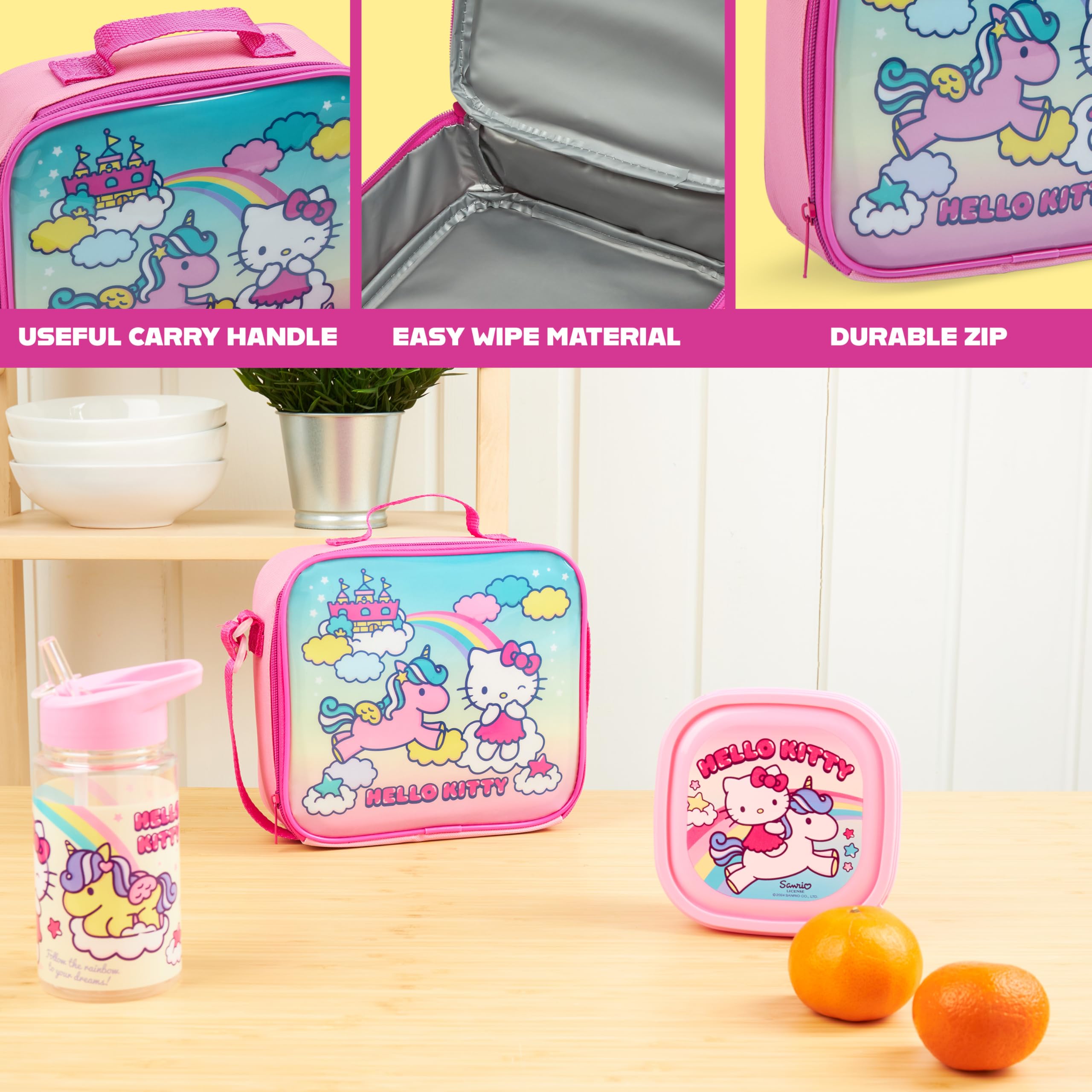 Get Trend Hello Kitty Borsa Porta Pranzo Bambini Set 3 Pz con Senza BPA Porta Merenda 400ml Borraccia Borsa Termica Viaggio Picnic Scuola (Hello Kitty)