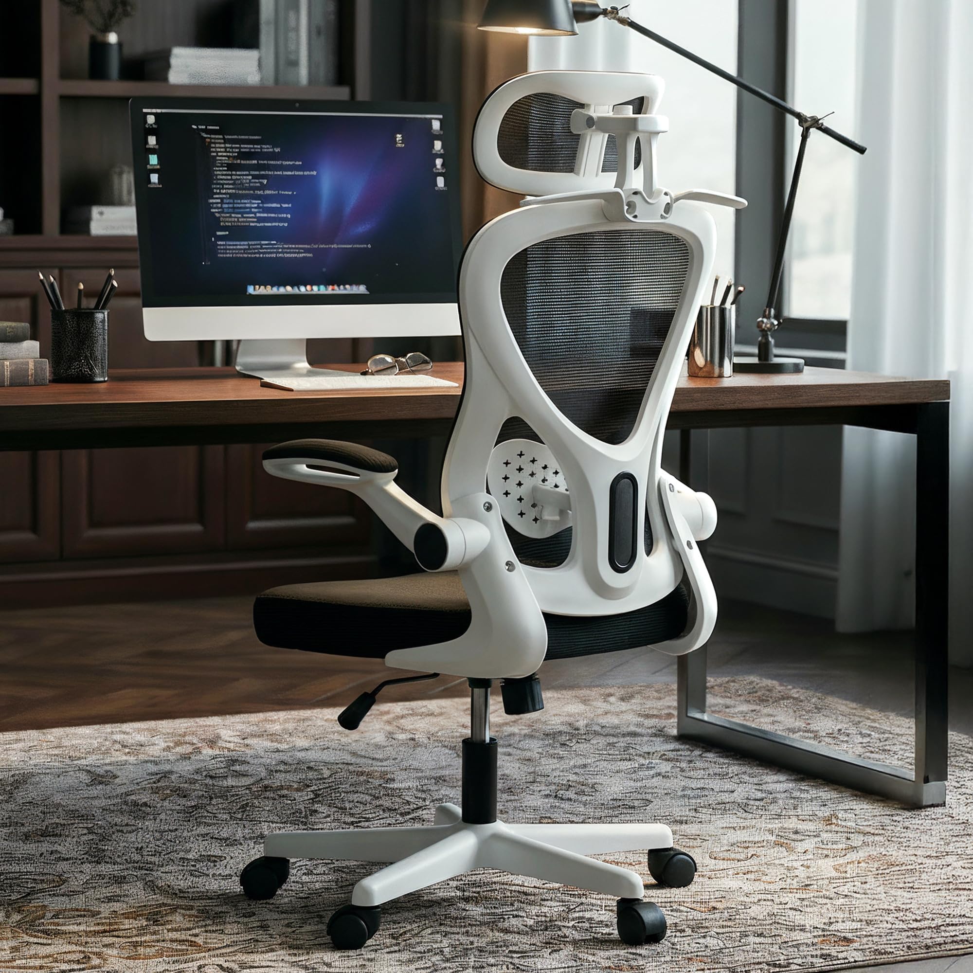 DROGO Ergonomic Office Chair for Work from Home with Breathable Mesh, Flip-up Armrest, Adjustable 3D Headrest & Lumbar Support | Computer Chair for Study | Gaming Chair with 130° Recline (White/Black)