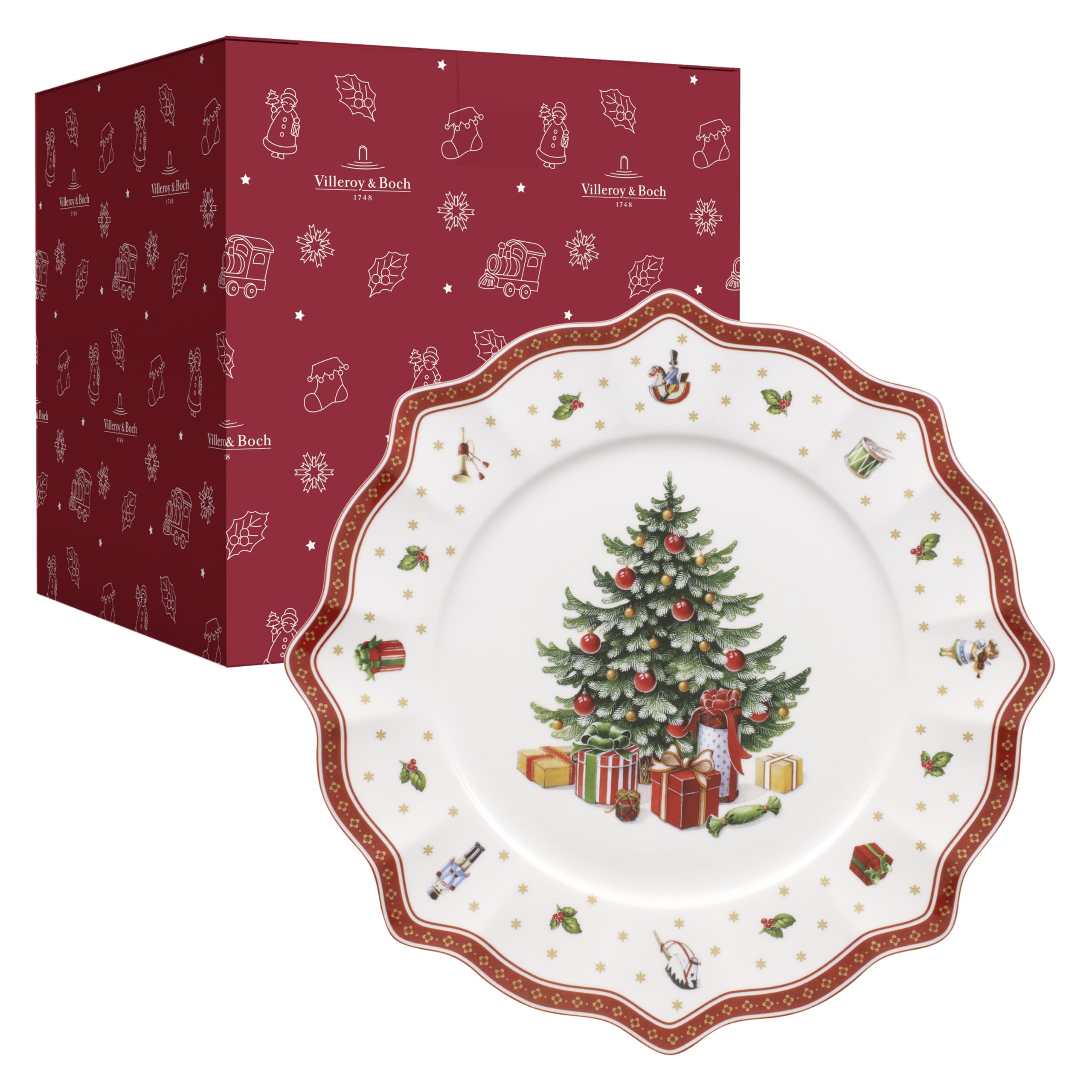 Villeroy & Boch - Toy's Delight Platzteller 34,5 cm Rot und Weiß, Mikrowellensicher, Weihnachtsgeschirr, Esseller, Servierteller, Pizzateller, Servierplatte Xmas, Weihnachten, Premium Porzellan