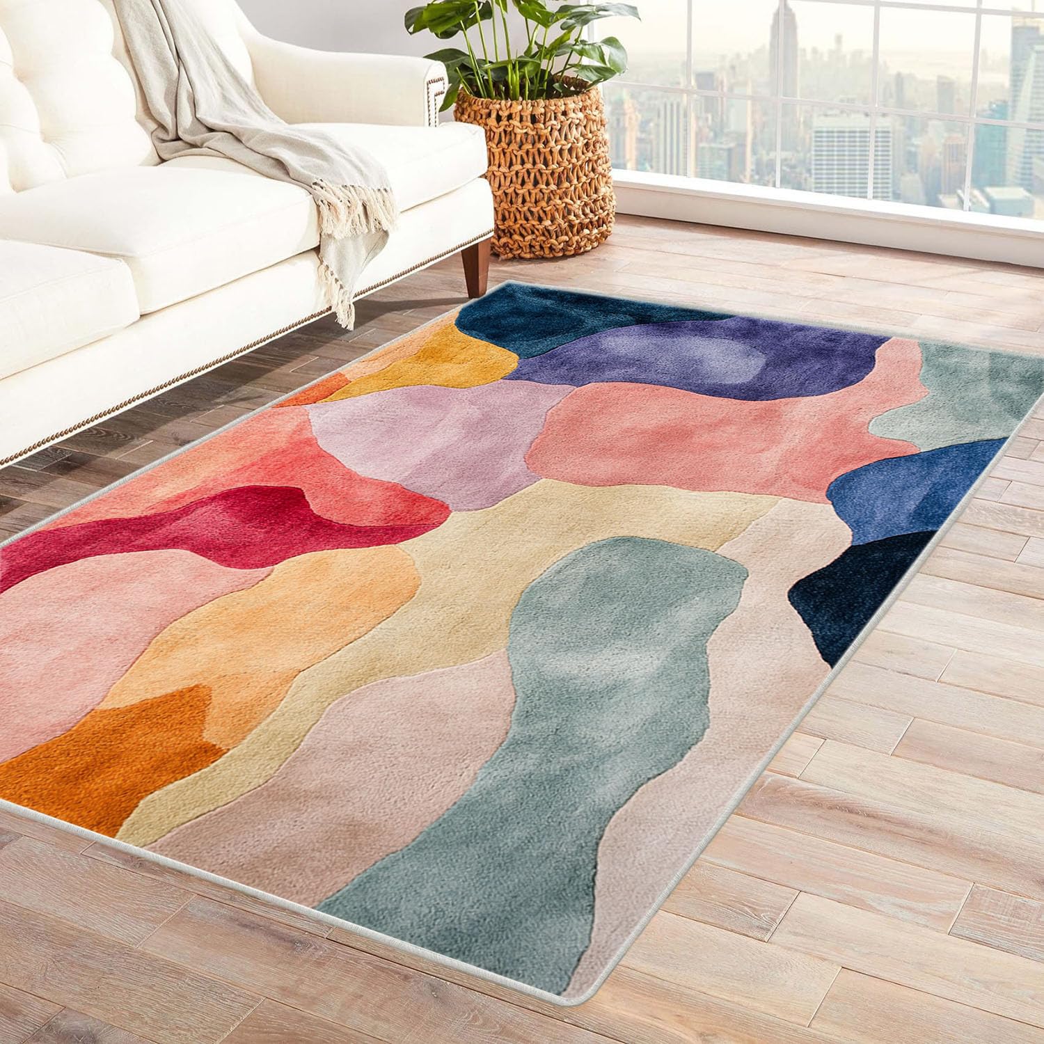Tapis vintage imprimé vague abstrait jaune pour chambre et salon 210x270cm