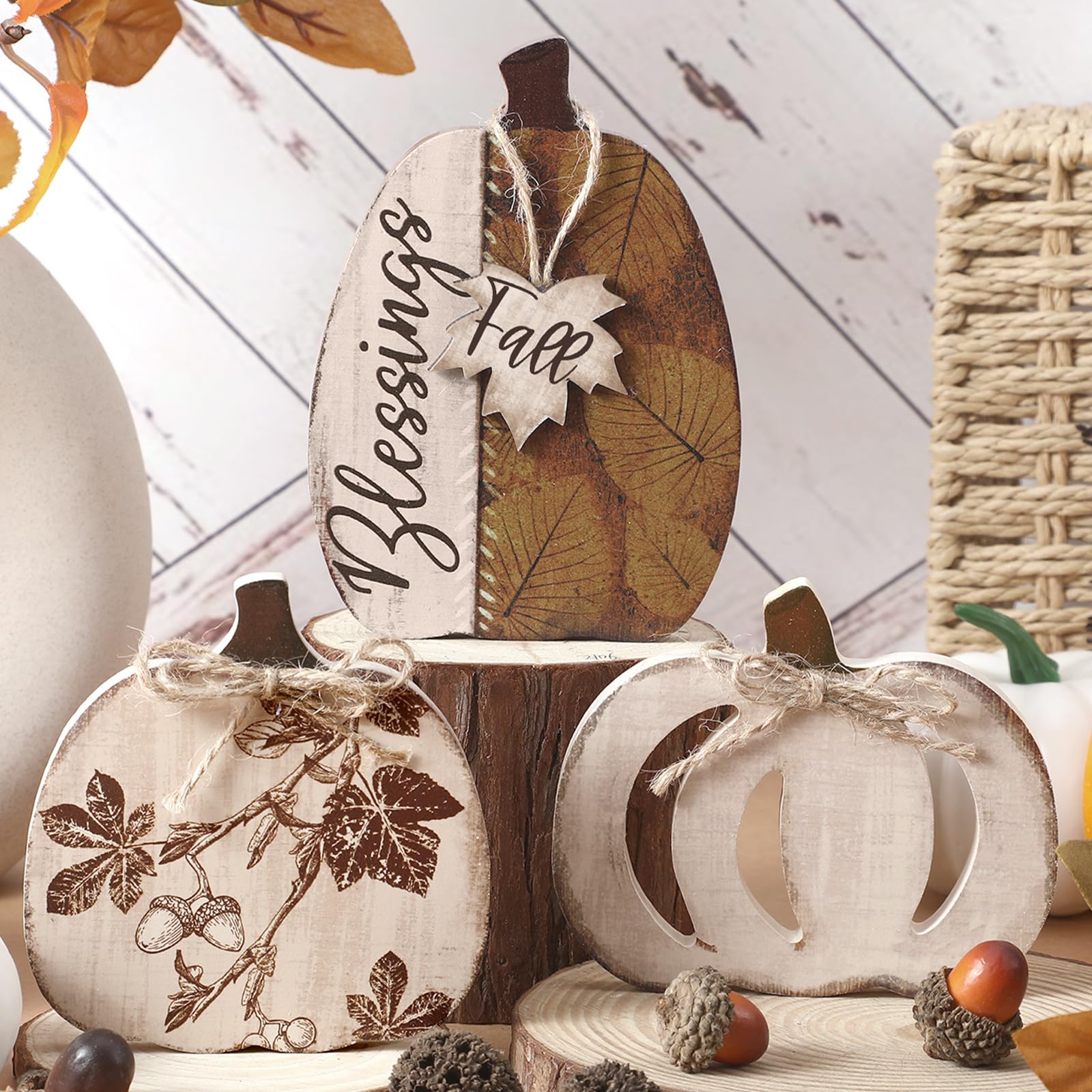 Photo 1 of GlikCeil 3 Pcs Thanksgiving Fall Pumpkin Table Decor Rustic Pumpkin Block Wooden Signs Fall Wood Tiered Tray Decor Farmhouse Table Centerpiece for Autumn Thanksgiving Home Office Decorations