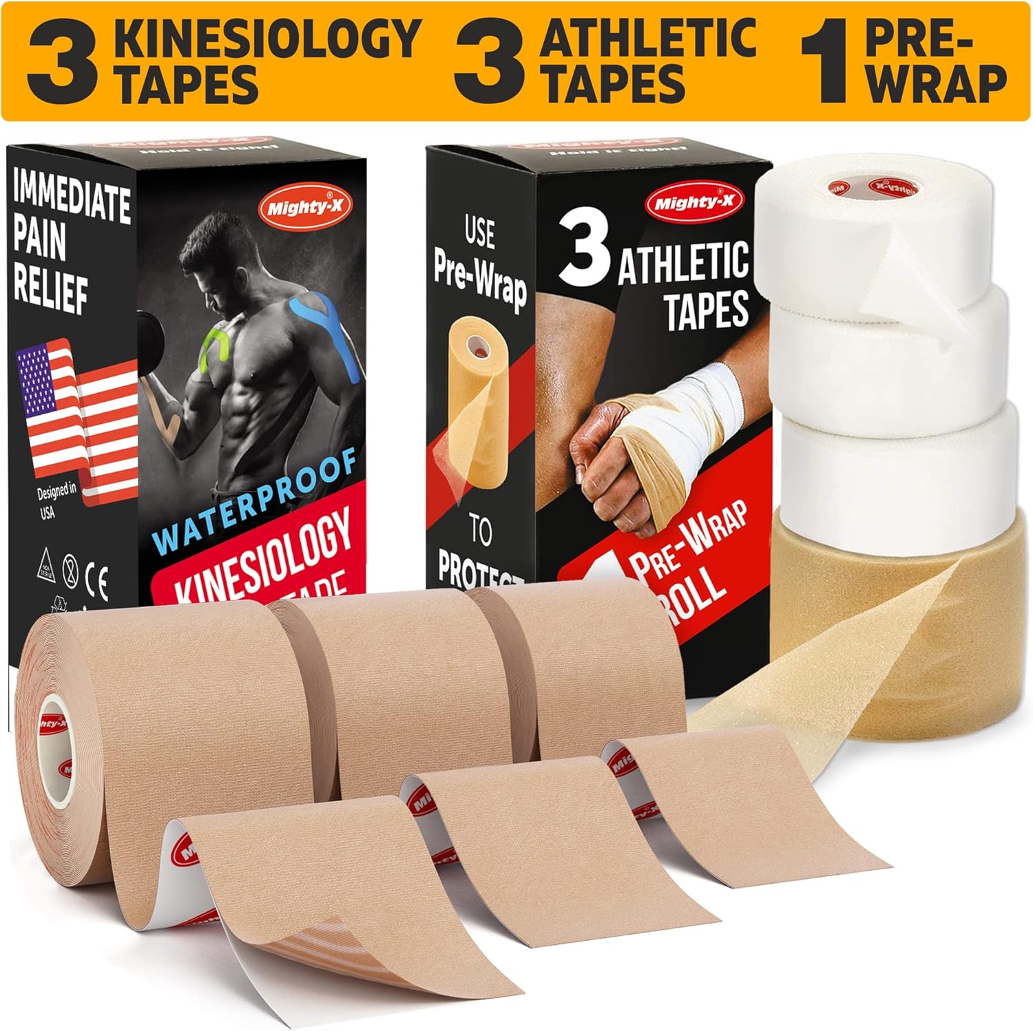Save 10% on Waterproof Kinesiology Tape - 3 Uncut Rolls - 16.4ft Kinetic Tape with Great Adhesion (Latex Free) + White Athletic Tape + PreWrap - 4 Pack - 1.5in x 45ft