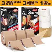 Save 10% on Waterproof Kinesiology Tape - 3 Uncut Rolls - 16.4ft Kinetic Tape with Great Adhesion Latex Free + White Athletic Tape + PreWrap - 4 Pack - 1.5in x 45ft