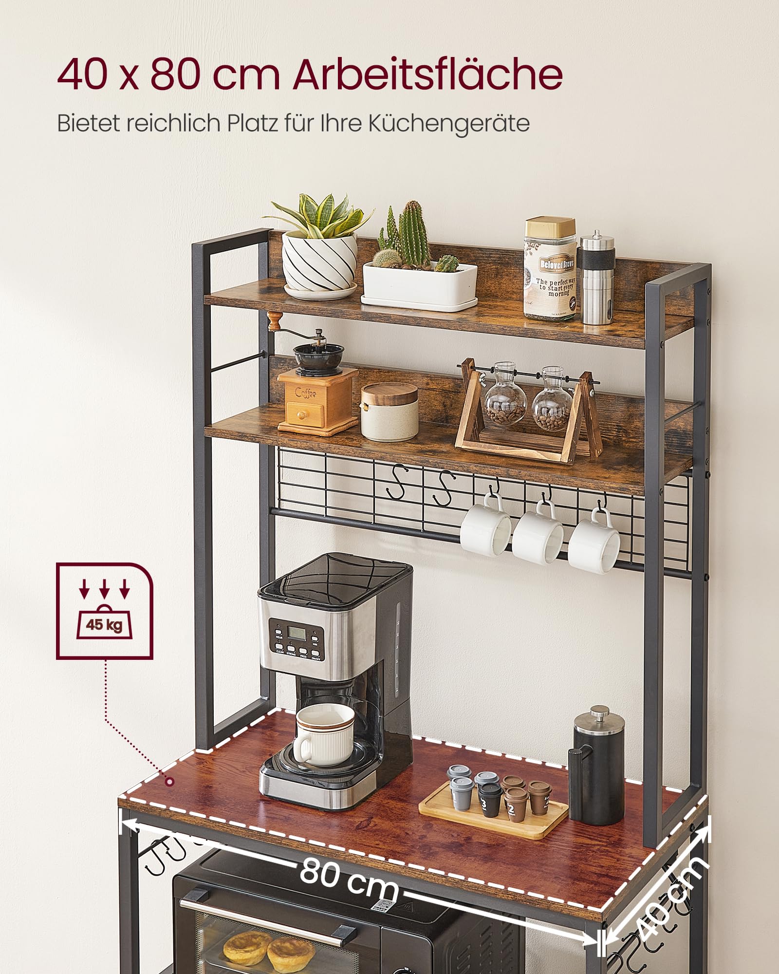 VASAGLE Küchenregal, Standregal mit Steckdosen, Mikrowellen-Regal, mit Gitterplatte, 14 Haken, 40 x 80 x 170 cm, vintagebraun-schwarz KKS025B01EU