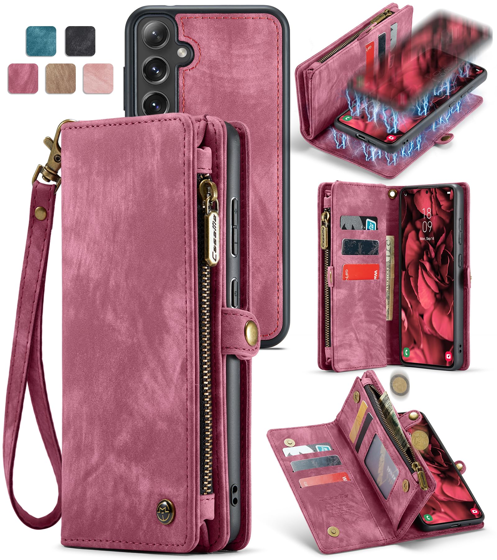 Arlgseln Case for Samsung Galaxy S24 Plus,Genuine Leather Wallet Detachable Magnetic Cell Phone Cover Wireless Charge Zipper Purse RFID Blocking Card Slot Holster (Wine Red, for Galaxy S24 Plus)