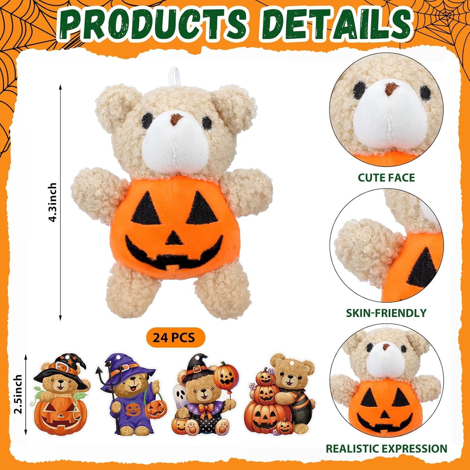 Hiboom 24 Set Halloween Mini Plush Stuffed Bear Gift Set 4 Inch Animal Bear in Pumpkin Soft Doll Classroom Exchange Keychain Gifts for Halloween Birthday Party Favors