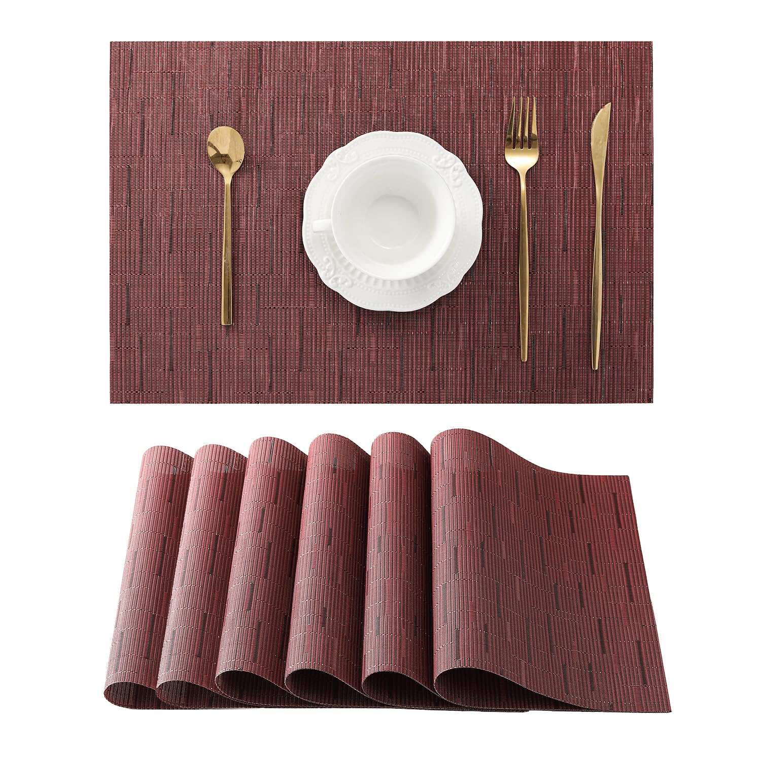 Leetaltree Burgundy Placemats Set of 6 - Heat Resistant Non-Slip Place mats for Dining Table, Washable Durable PVC Vinyl Woven Table Mats（Burgundy, 6）