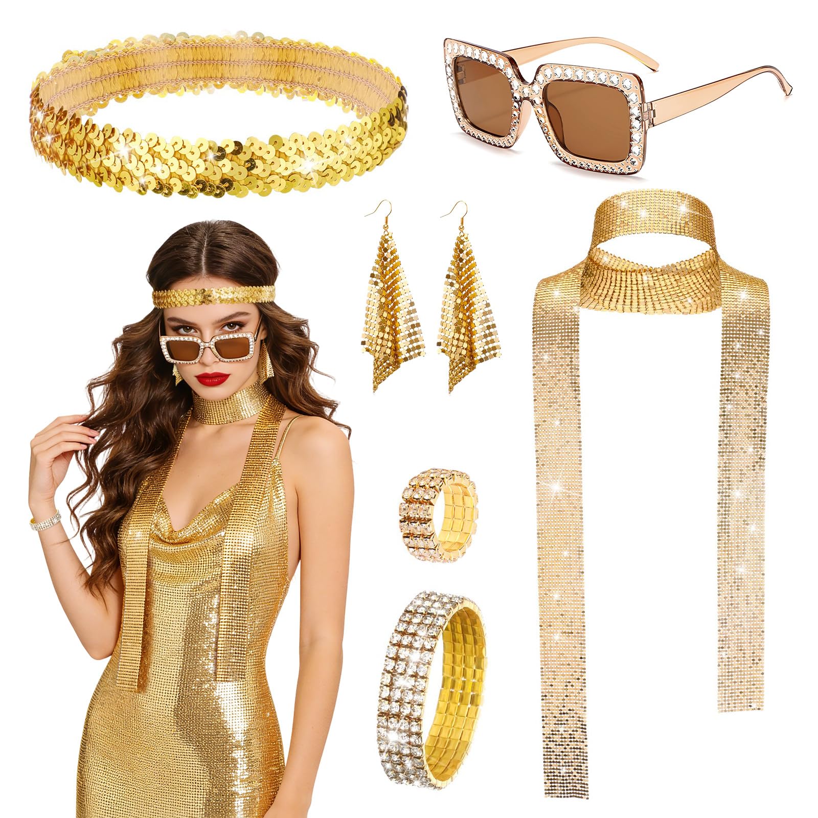 UxClishe 6 Pcs 70s Disco Costume Set for Women, 1970s Disco Fancy Dress Accessories with Sequin Headband Bracelet Earrings Glitter Scarf Sunglasses Ring for Retro Discos Theme Party Supplies