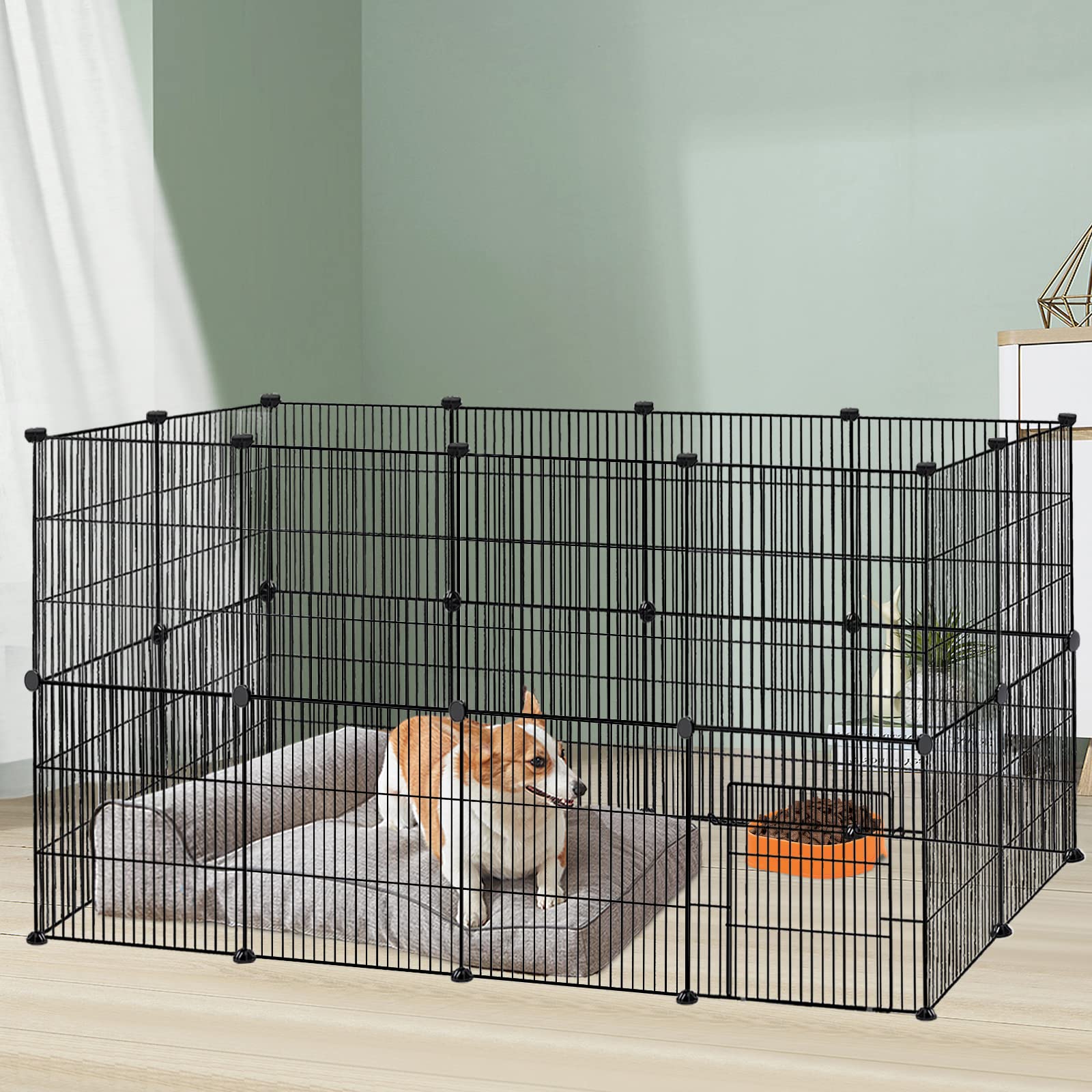 FIVMEN Enclos pour Petits Animaux Enclos Lapin 142 x 72 x 72 cm Enclos Extérieur en Métal 24 Panneaux Parc Modulable avec Porte pour Lapins Hamsters Cochon (Noir)
