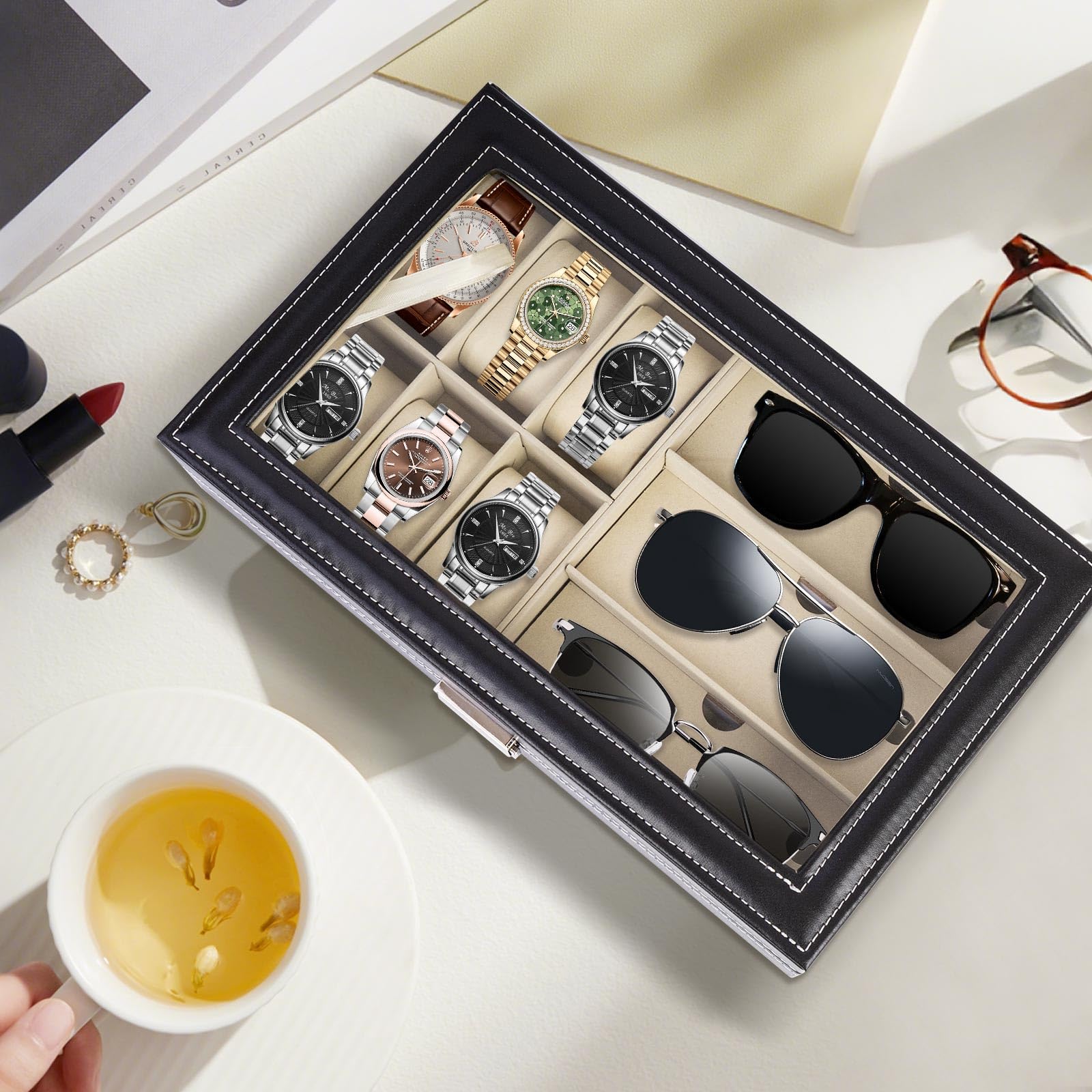 Xisakaca Watch Storage Box with Lid, Black PU Leather Glasses Case Eyeglasses Holder, Drawer Display Sunglasses Organizer for Women Men