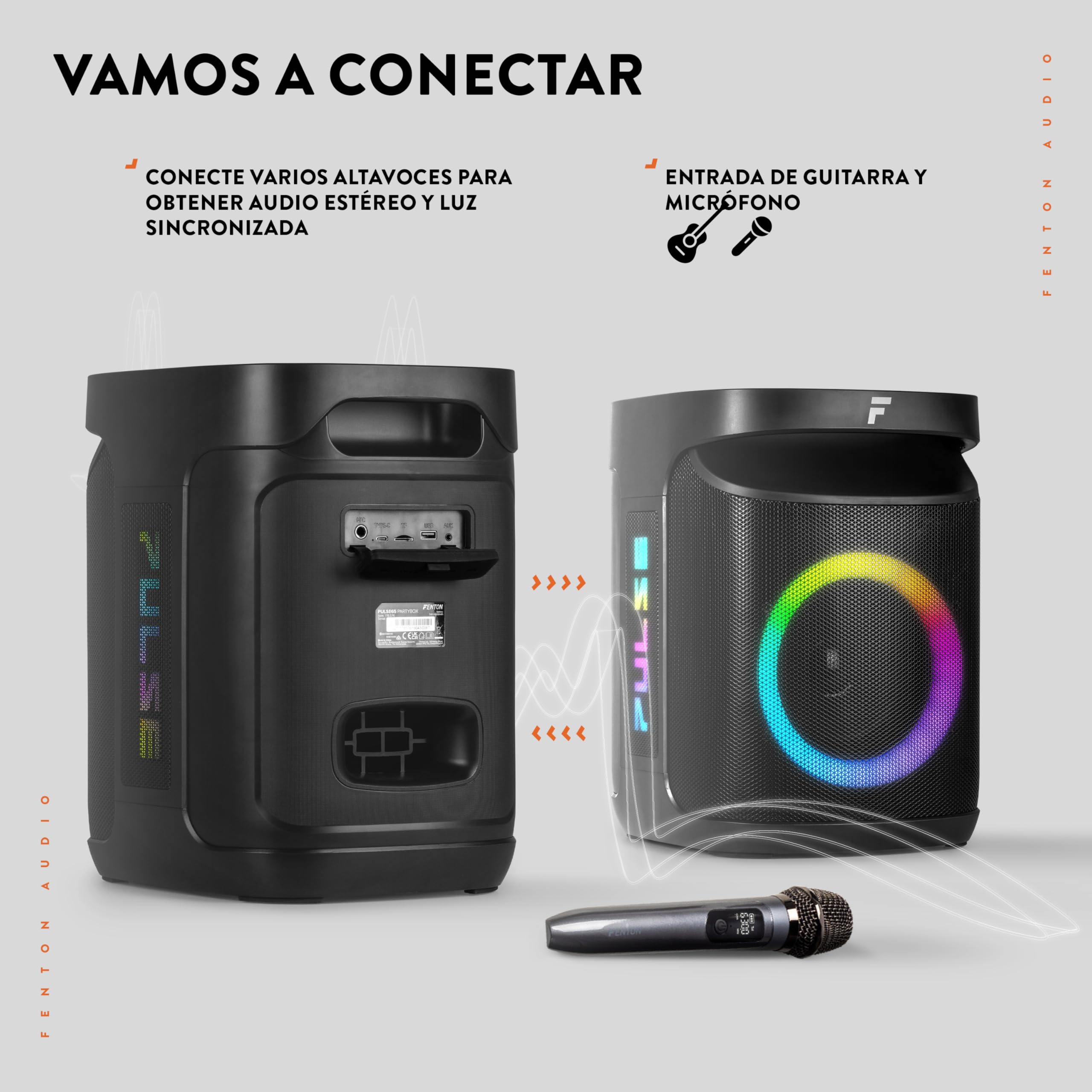 Fenton Pulse65 – Altavoz Bluetooth portátil 140W con microfono inalámbrico, batería 12h, IPX4, USB, microSD, Altavoz portatil Potente Exterior Karaoke Machine Speakers con LED, Color Negro