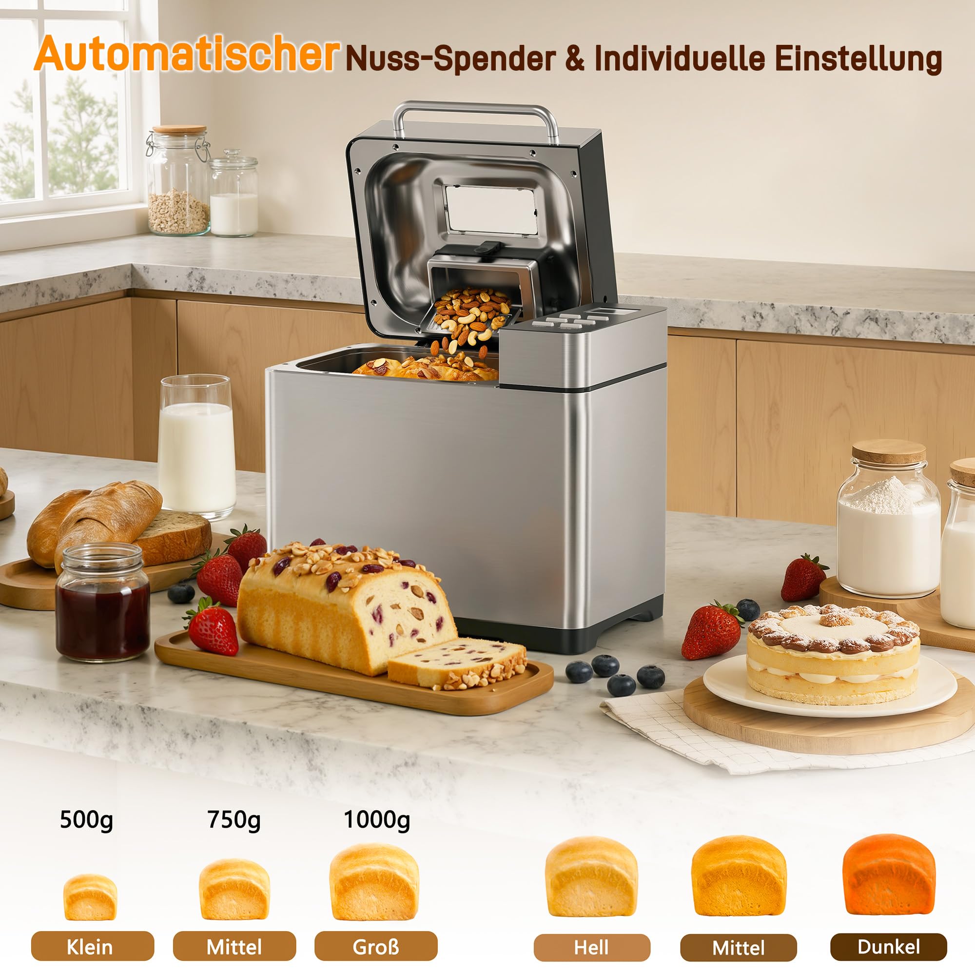 JUMMICO 19-in-1 Brotbackautomat mit automatischer Beigabe & Edelstahl-Gehäuse | 1kg Kapazität (3 Größen), 3 Krustenstufen | Warmhalten, Timer-Start | Einfache Bedienung, Glutenfrei, Joghurt