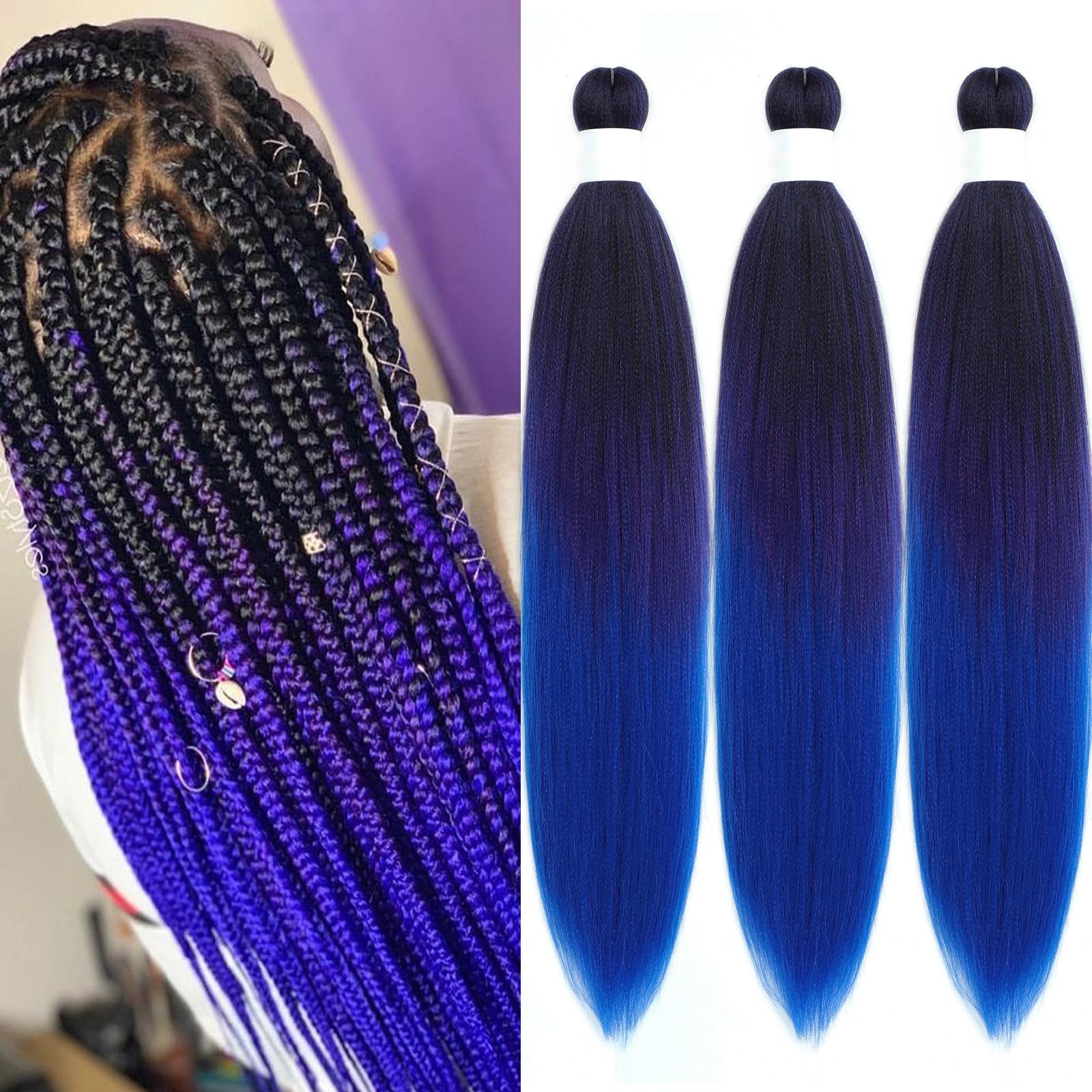 UPerfe Ombre Braiding Hair Pre Stretched, Knotless Pre Stretched Braiding Hair 26 inch Black Blue Purple Ombre Braids Micro Itch Free Yaki Braiding
