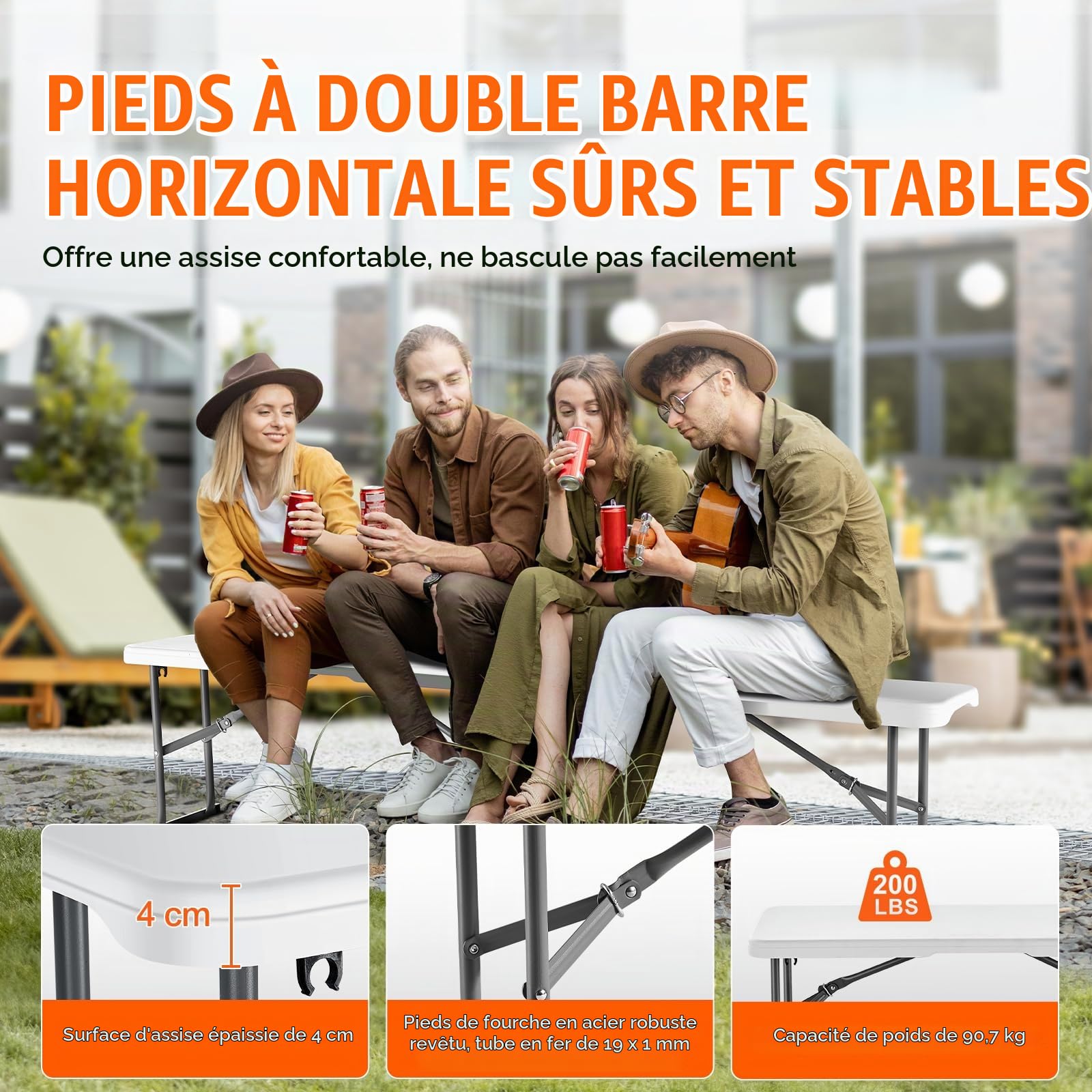 VEVOR Banc Pliant en Plastique, 1820 mm, Banc d'extérieur Pliable Portable, Lisse en PEHD imperméable, siège de Pique-Nique, de Salle à Manger avec poignée de Transport, pour Jardin, Blanc (1 Paquet)
