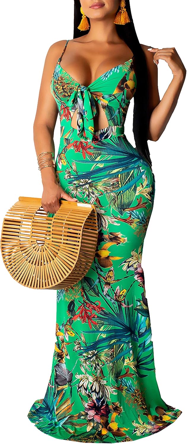 Women's Summer Floral Spaghetti Strap Long Maxi Dresses Low-Cut Bohemian Beach Sundress