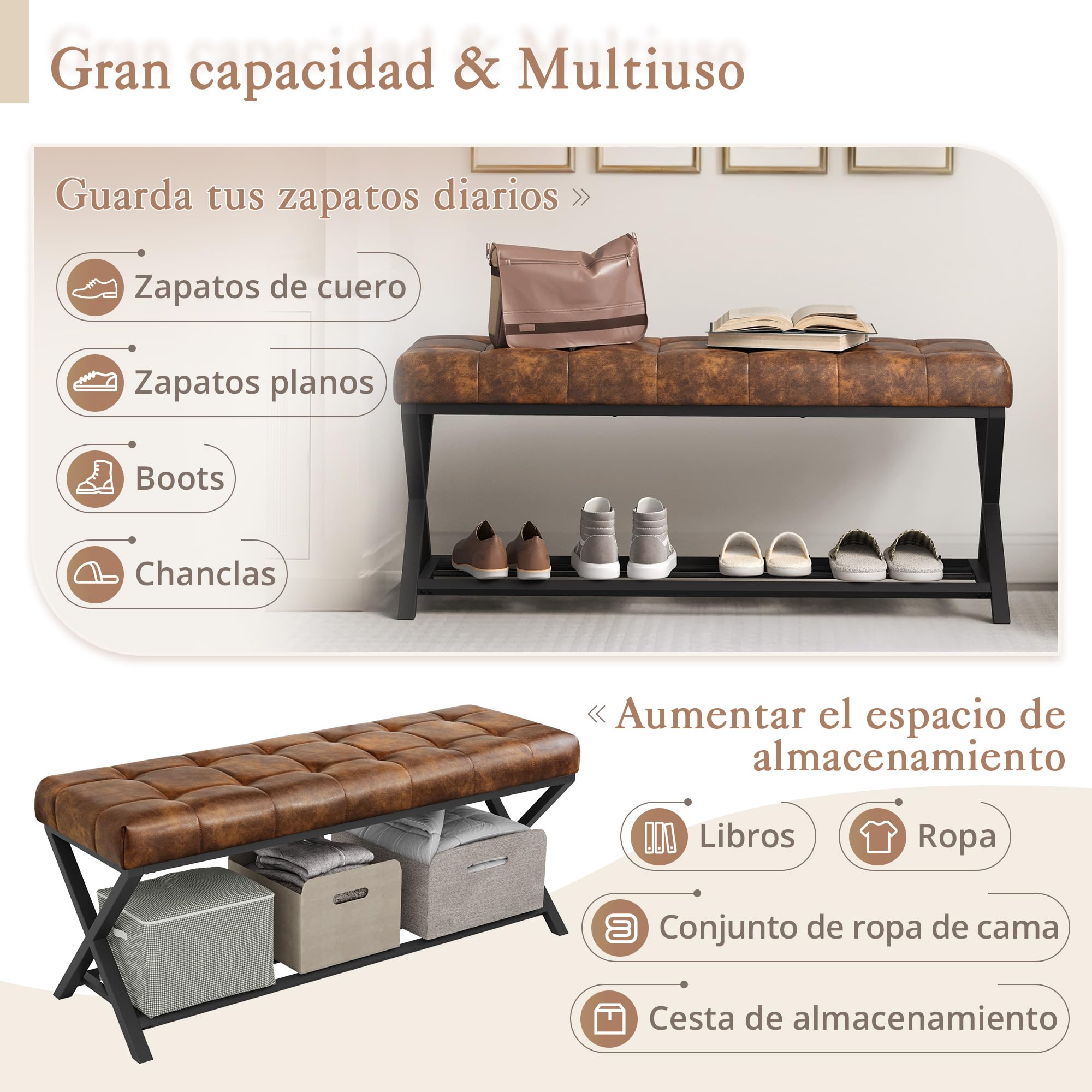 LUE BONA Banco Zapatero,Mueble Zapatero Banco De Zapatos con Asiento,Almacenamiento Zapatos for Banco Zapatero para Ahorrar Espacio para Sala de Estar, Dormitorio, Entrada,113 x 38 x 46 cm,Marrón