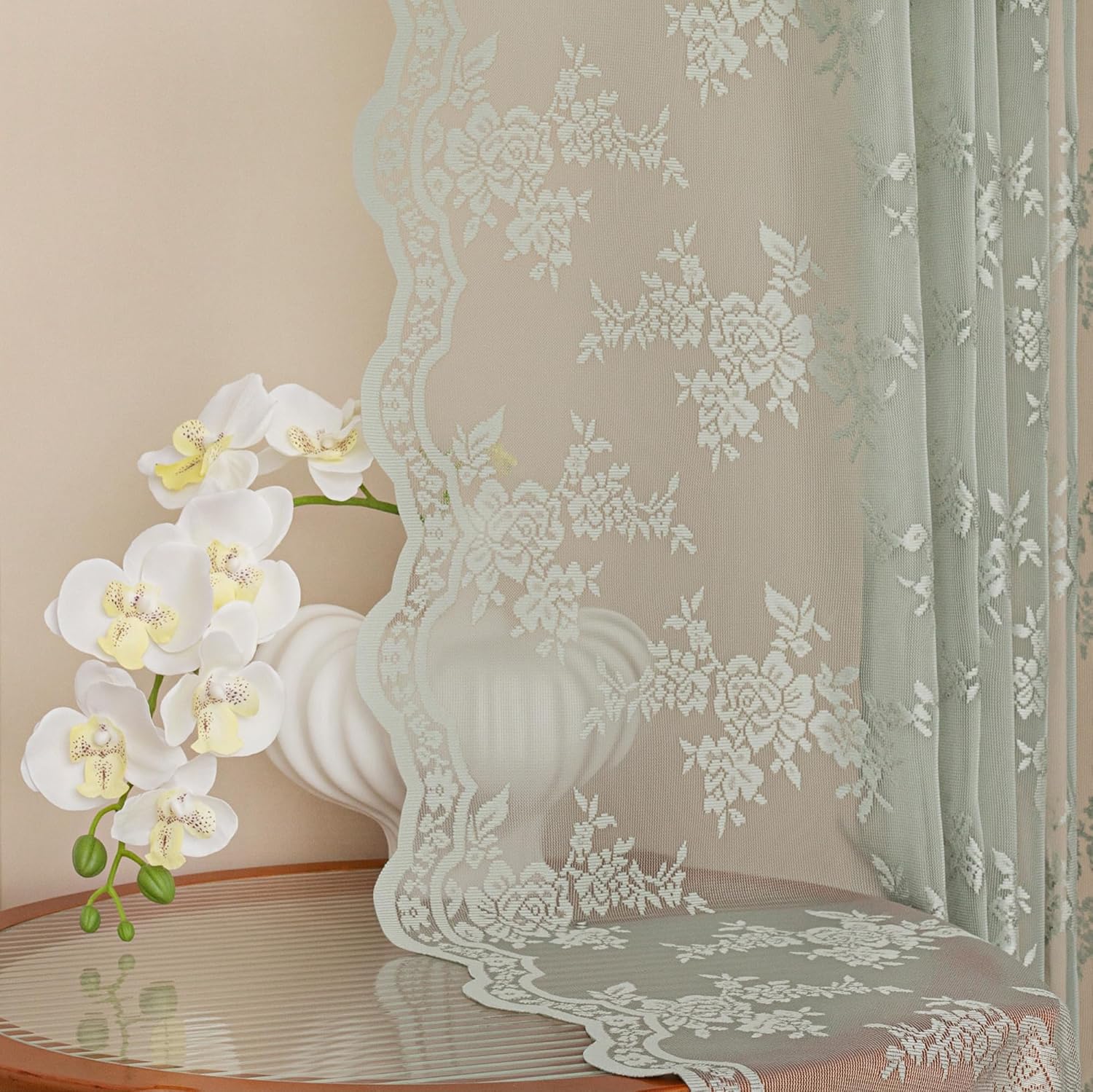 MEETSKY Sage Green Lace Curtains 84 Inch Long, Sheer Spring Curtains for Living Room, Floral Patterned Vintage Light Filtering Curtains for Bedroom, Lace Drapes 2 Panels, Each Panel 50" W x 84" L