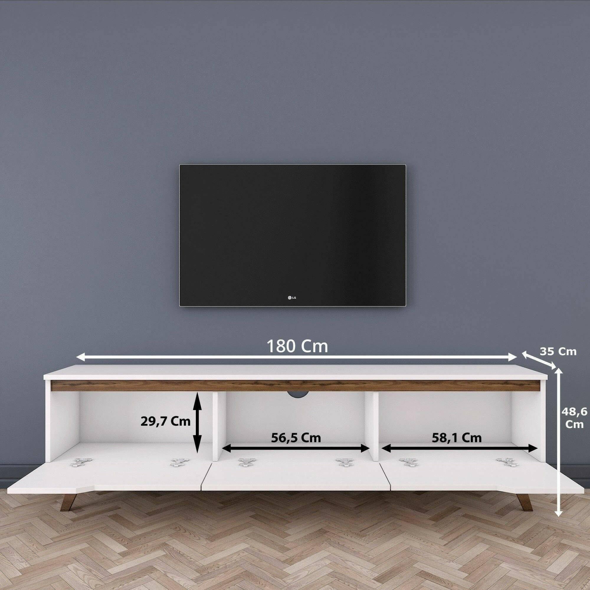 Dmora - Mobile porta TV Cor, Credenza da soggiorno, Armadio basso per TV, Base parete attrezzata, 180x35h49 cm, Bianco e Noce