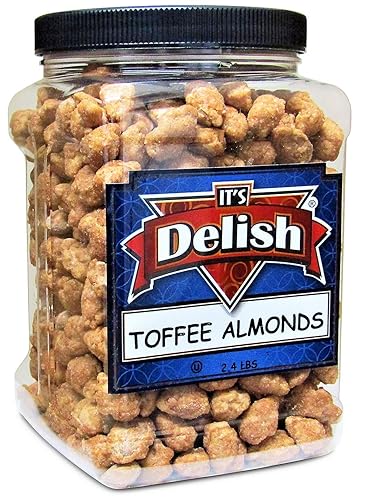 Its Delish - Almendras recubiertas de caramelo gourmet – Tarro reutilizable jumbo de 2.4 libras – Aperitivo dulce crujiente de nueces caramelizadas