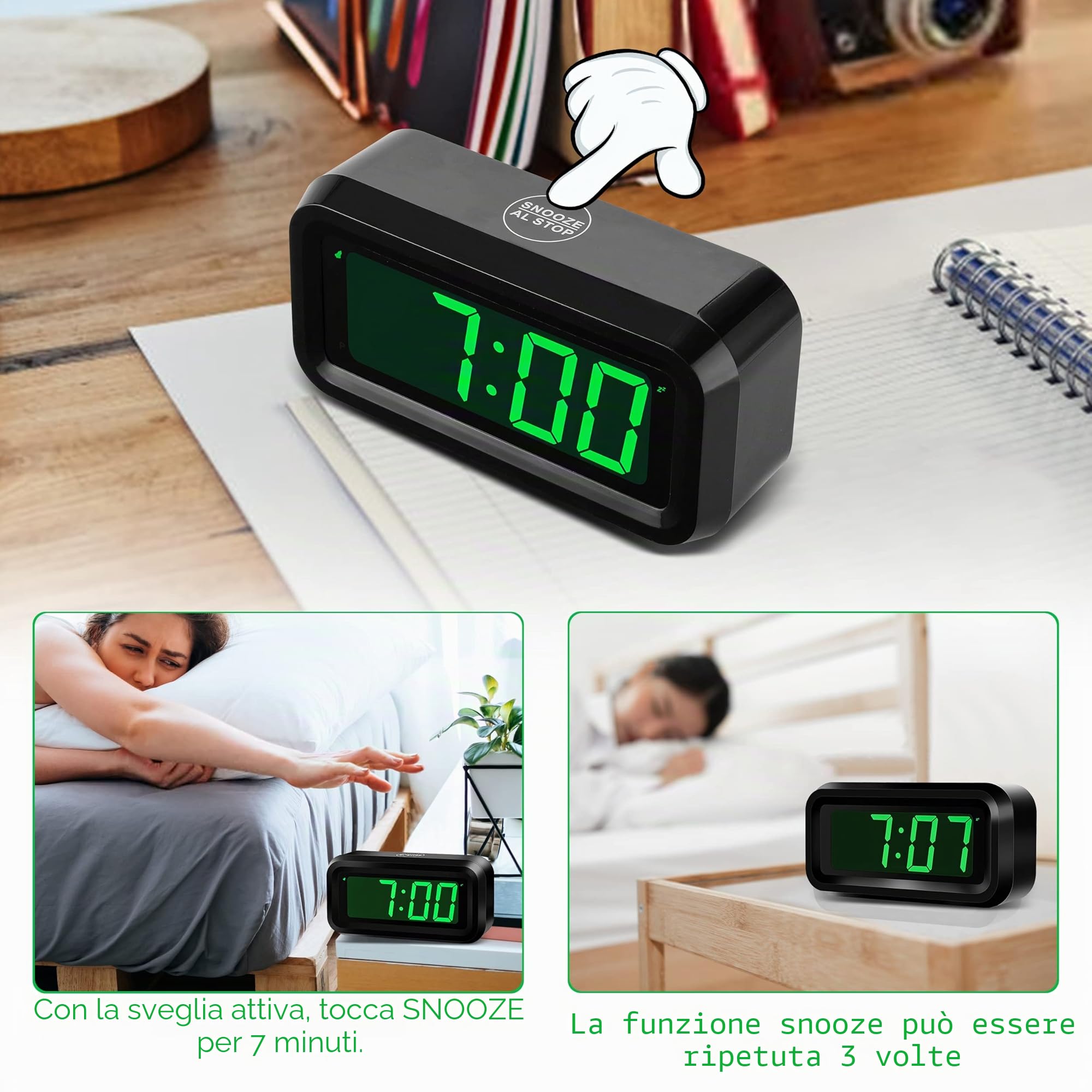 KWANWA Sveglia Digitale,Sveglia da Comodino,LED Sveglia con Grande 1.2 '' Time Display LED, Batteria AA Alimentato Solo, Funzione Snooze, Senza Ticchettare (Display verde)