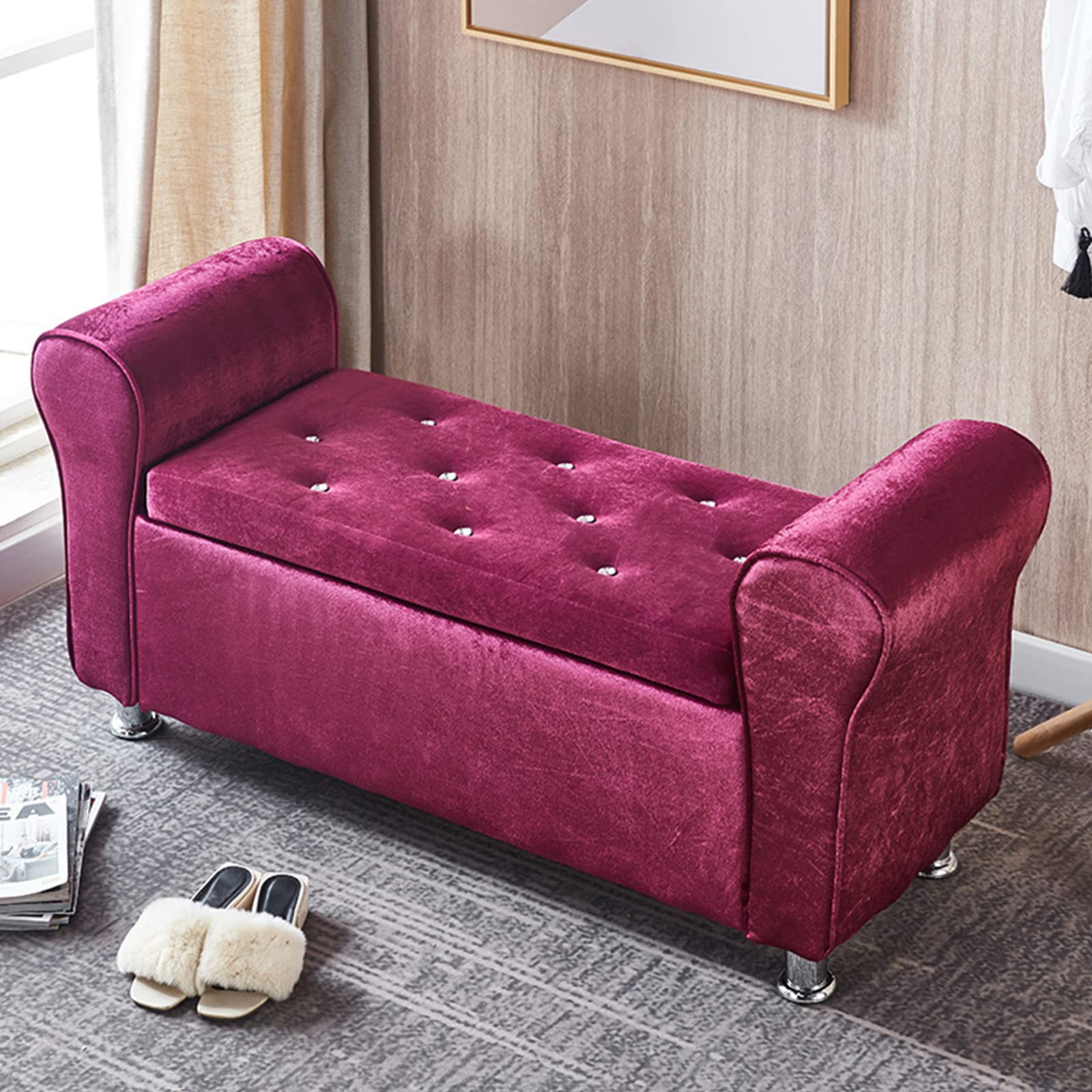 LMMIAOZ Velvet Upholstered Storage with Armrests Large Capacity Decor Foot Rest Stool for Bedroom and Living Room Button Tufted Long Storage Bench 100x40x40cm (39x16x16in)