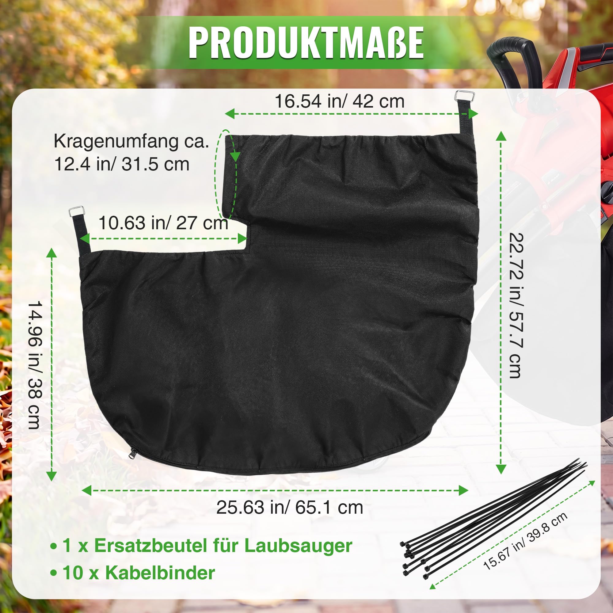 Enhon Fangsack Ersatzfangsack für Laubsauger, kompatibel mit Einhell GE-CL 36 Li E-Solo, Laubsaugerbeutel Laubsack mit eckigem Anschluss, Vliesstoff, Reißverschluss für Gartenabfälle, 10 Kabelbinder