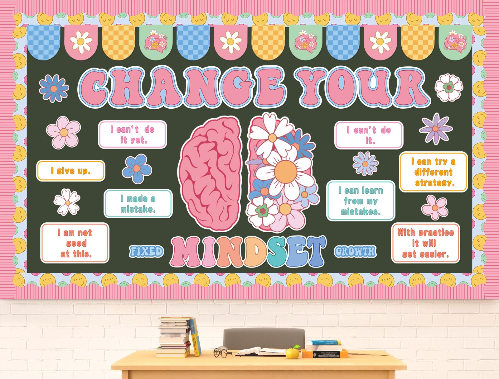 FYSUIMU Bloom with a Growth Mindset - Juego de tablón de anuncios motivacional para cambiar tu mentalidad, póster floral de primavera, decoración de aula para profesores, estudiantes, pared escolar