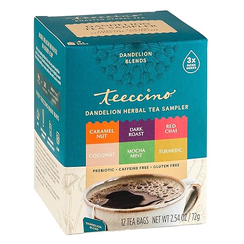 Teeccino Muestra de té de diente de león caramelo coco tostado oscuro menta moca chai rojo cúrcuma té de hierbas tostadas que no contiene cafeína y Teeccino Muestra de té de diente de león caramelo coco tostado oscuro menta moca chai rojo cúrcuma té de hierbas tostadas que no contiene cafeína y