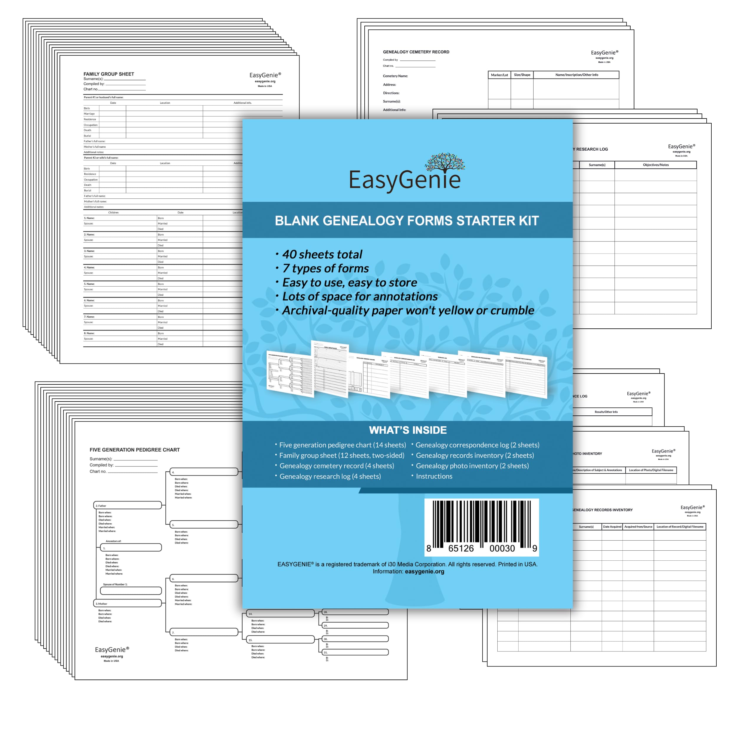 Blank Genealogy Forms Starter Kit (7 types/40 sheets) by EasyGenie