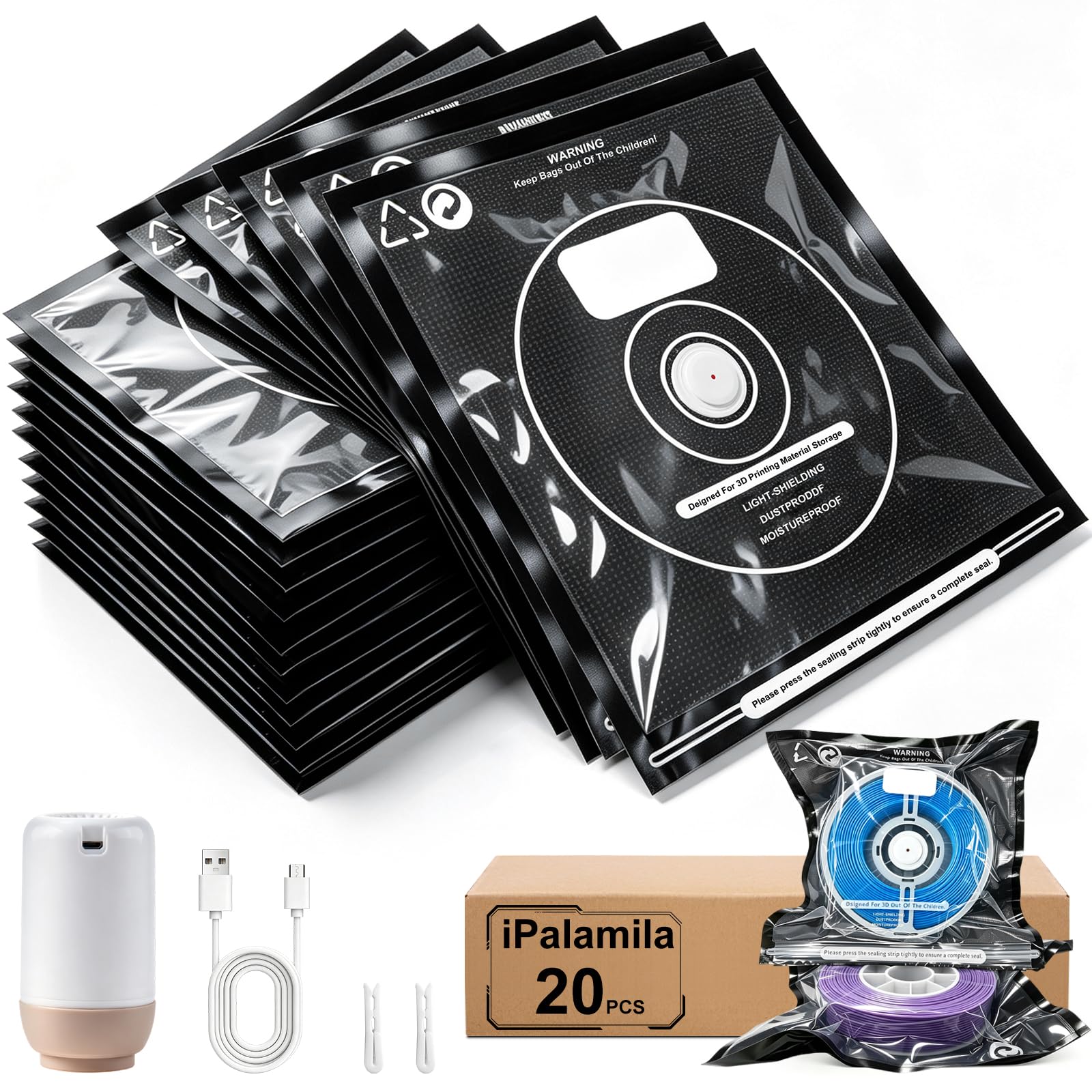 iPalamila 3D Filament Vakuumbeutel Kit mit Auto Pumpe,20er Filament Aufbewahrung 32 * 32cm Verbesserter Saugnapf,Wiederverwendbar,für 3D Drucker Glühfaden Lagerung, Schutz Filament von Feuchtigkeit