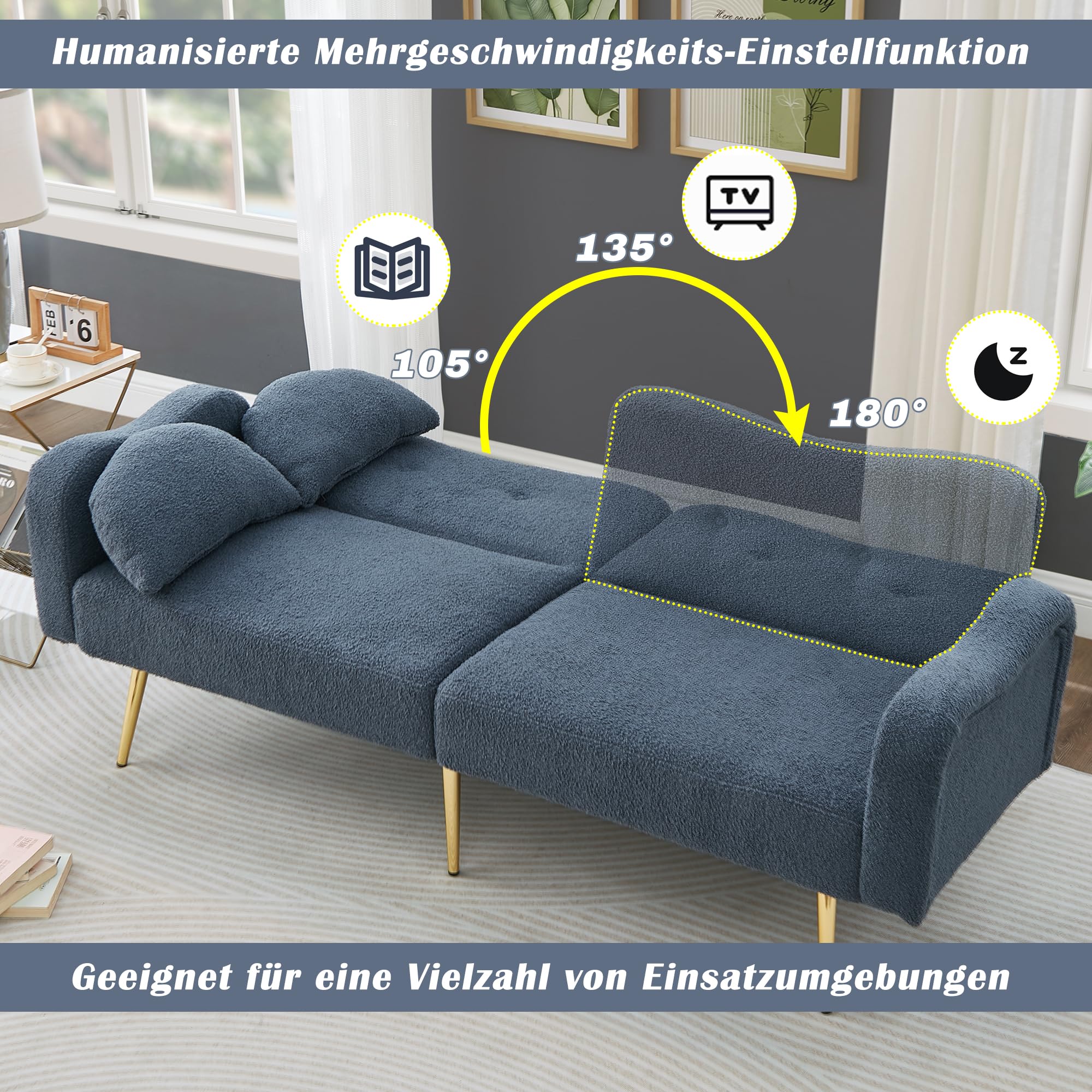 Divano letto a 2 posti con funzione sonno, moderno, schienale regolabile, piedini in metallo dorato, funzione letto integrata, mobile multifunzione 2 in 1, colore: blu-grigio