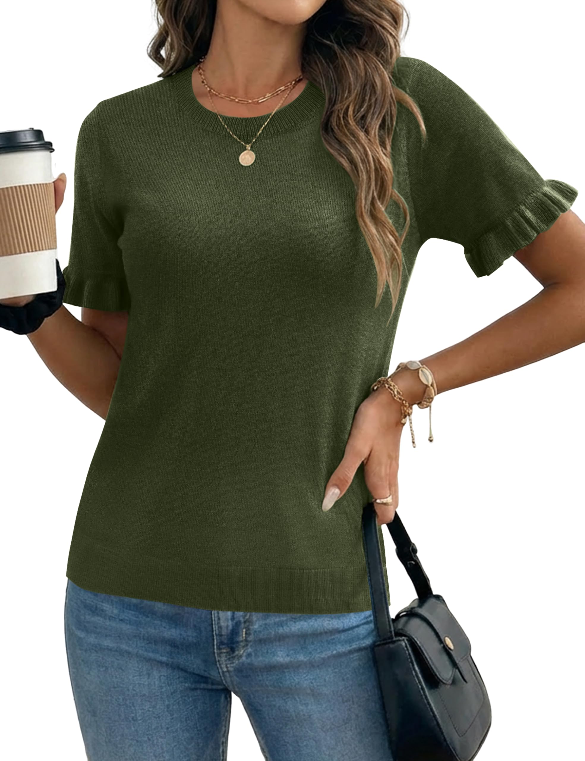 LaGracia Short Sleeve Sweater for Women Ruffle Trim Crew Neck Pullover Sweaters Summer Tops
