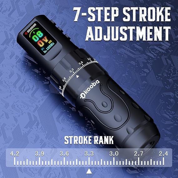 KOOBA Wireless Tattoo Machine Pen, 1800mAh Battery Rotary Tattoo Gun with 5 Stippling Modes, 7 Stroke Length, 3 Memory Function, RCA Converter & Cartridge Needles for Beginners Tattoo Artists