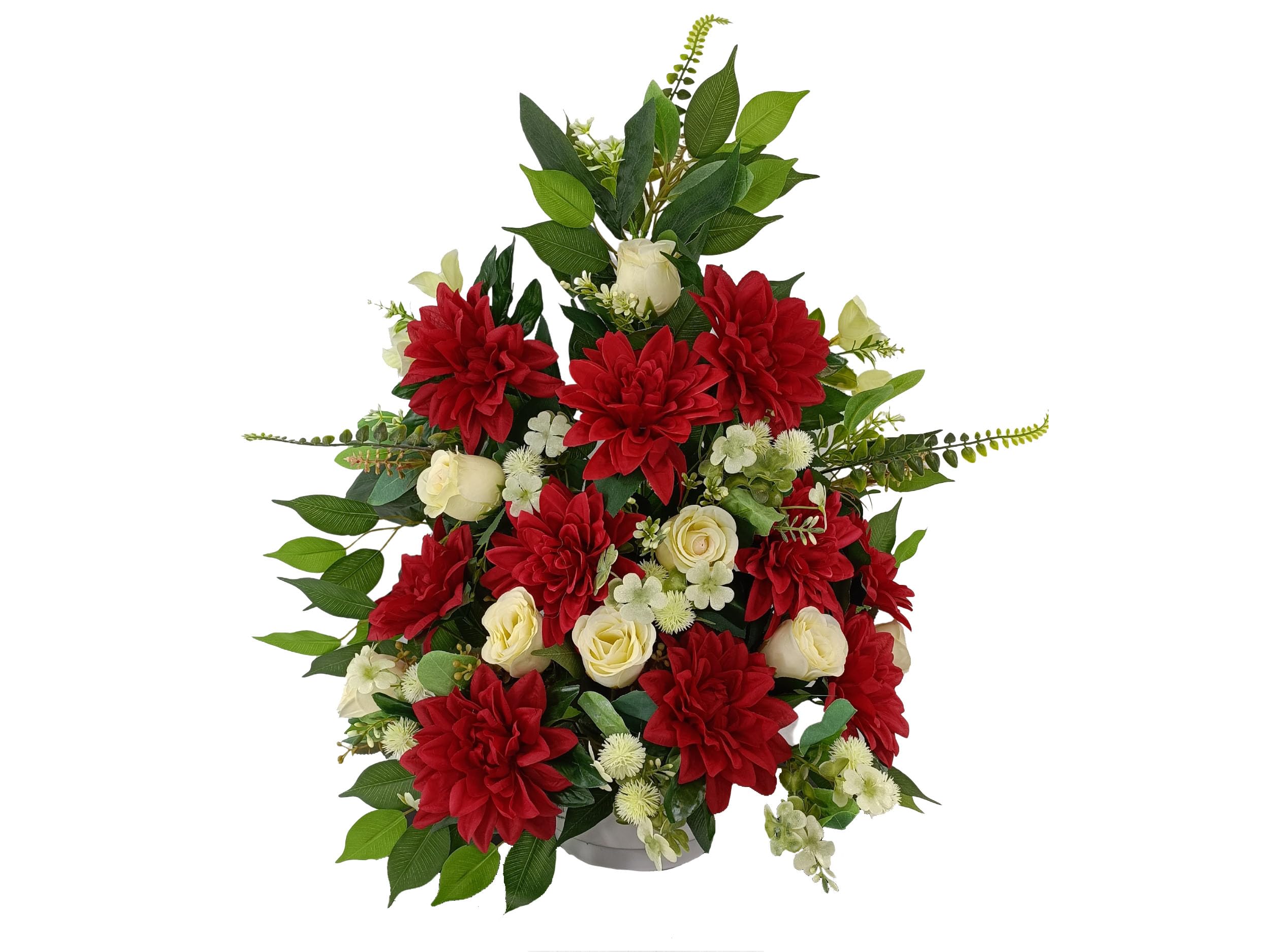 Centro Flores Artificiales Cementerio, Santos, Iglesias, Aniversarios, Ceremonias, Bodas Blanco y Rojo con dalias Rojas y Rosas Blancas 65x60x35 cm