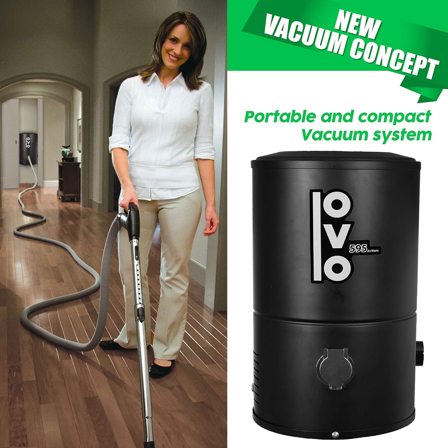 OVO, wall mounted house vacuum cleaner, fits in CLOSET and tight spaces, 595 AW, Use with disposable filtration bags, 18L / 4.75 gal, Certified for North America