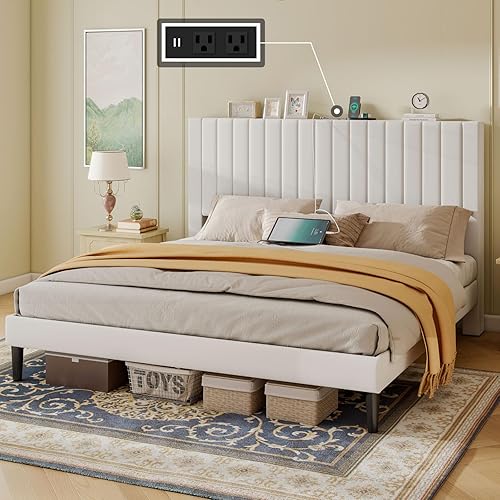 Miniatura 40 de Base de cama tamaño Queen con cabecera tapizada de terciopelo con estación de carga, soporte de listones de madera, base de colchón, somier