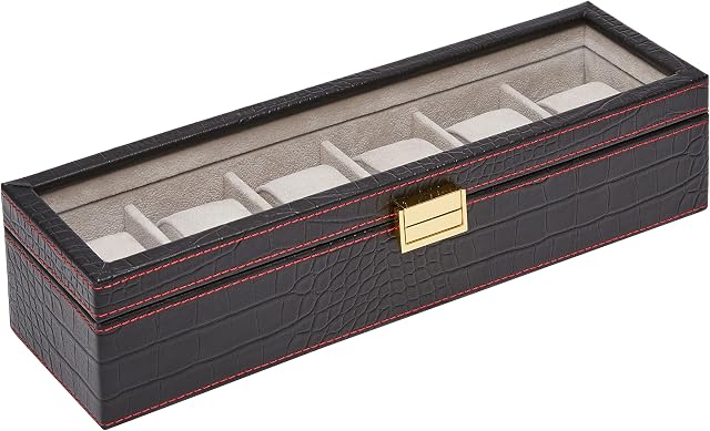 Amazon Basics 6-Slot Watch Box, with Glass Lid and Removable Pillows, Synthetic Alligator Leather - Black