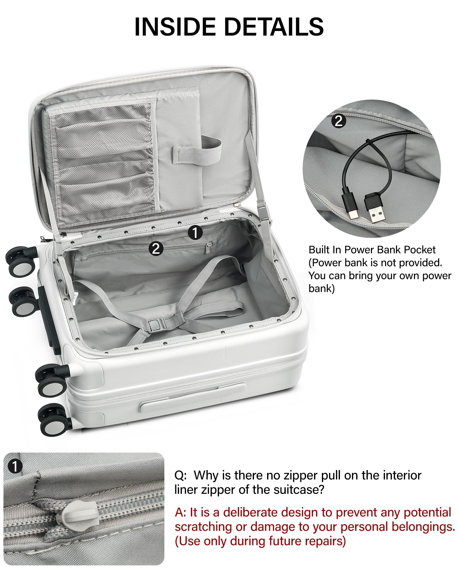 Hanke Equipaje extensible de apertura superior con portavasos y puertos USB, Blanco ahumado., Expandable 24 Inch, Equipaje de apertura superior con portavasos y puertos USB