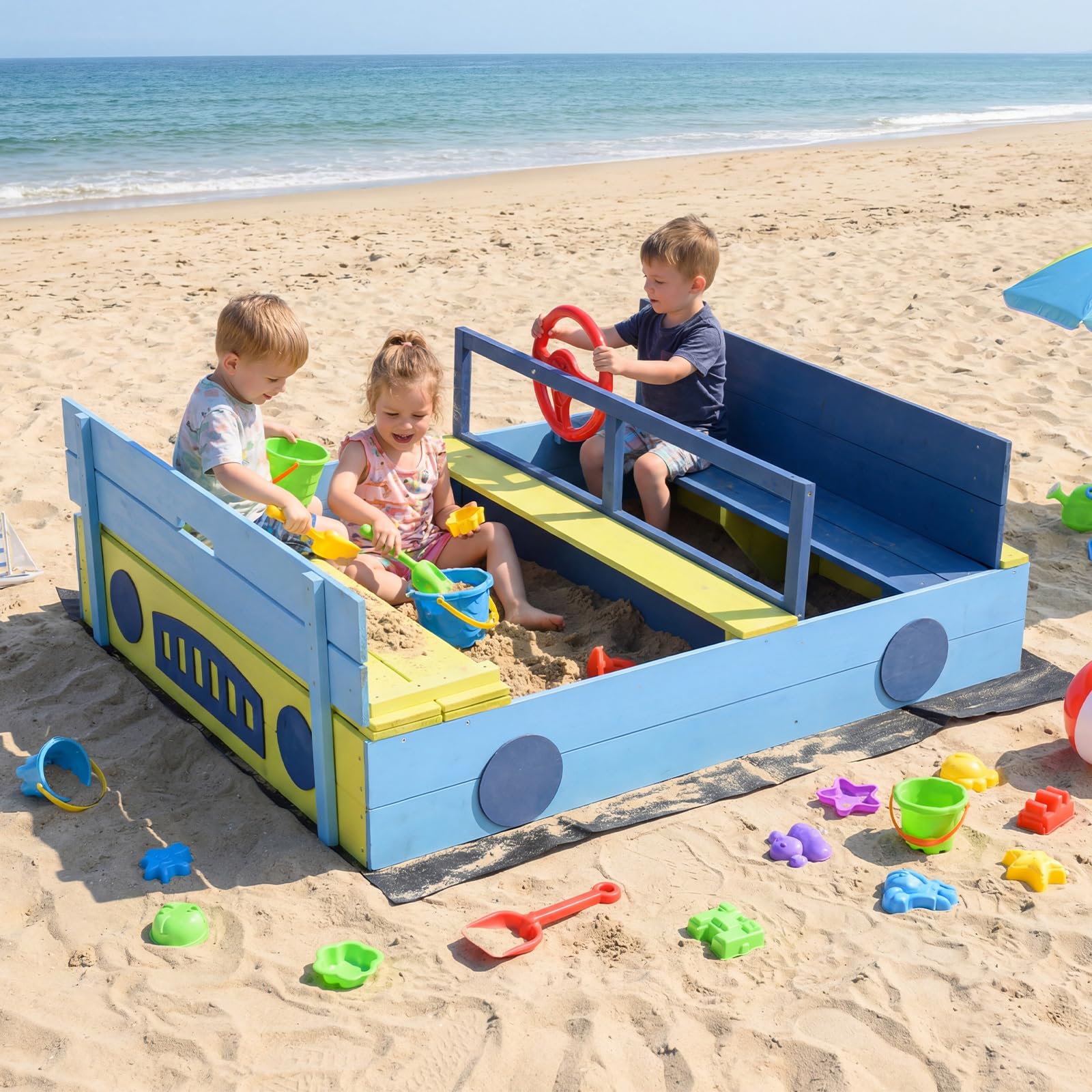 HOMASIS Sandkasten mit Deckel, Holz Kindersandkasten im Auto-Design mit Lenkrad, Sandkiste mit klappbarer Sitzbank für 2 Kinder, Sandbox mit Vliesboden, für Garten & Terrasse, 118 x 100 x 40 cm