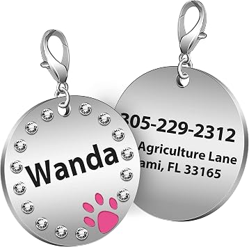 Custom Engraved Round Pet ID Tag with Rhinestones Personalized Inlaid Crystals Cat Dog Tags Stainless Steel Pink