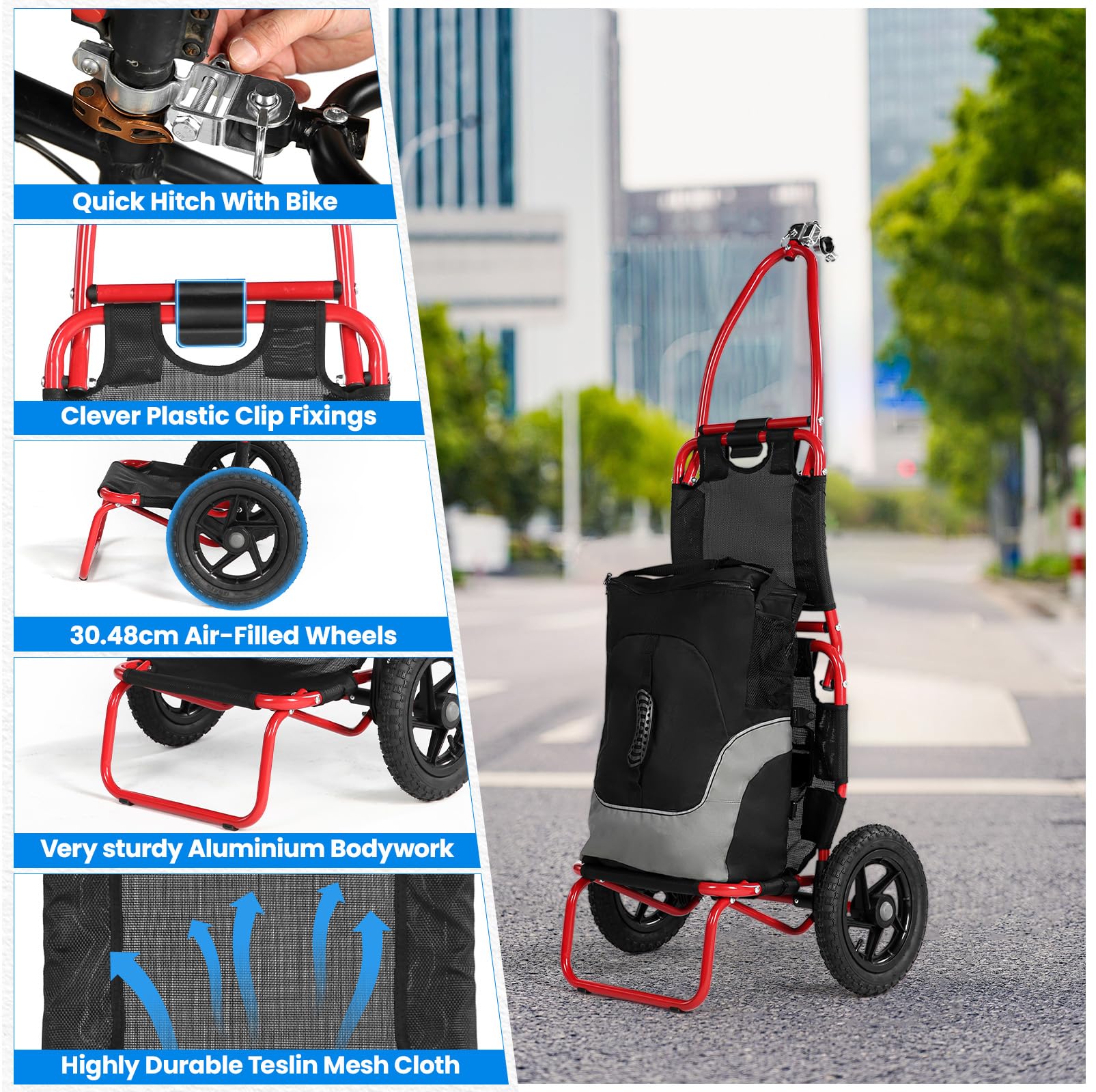 SEPNINE® Rimorchio per carico bicicletta 2 in 1, carrello per la spesa, carrello a mano, telaio in acciaio legato, leggero pieghevole con pneumatici da 30 cm, peso di carico 20 kg