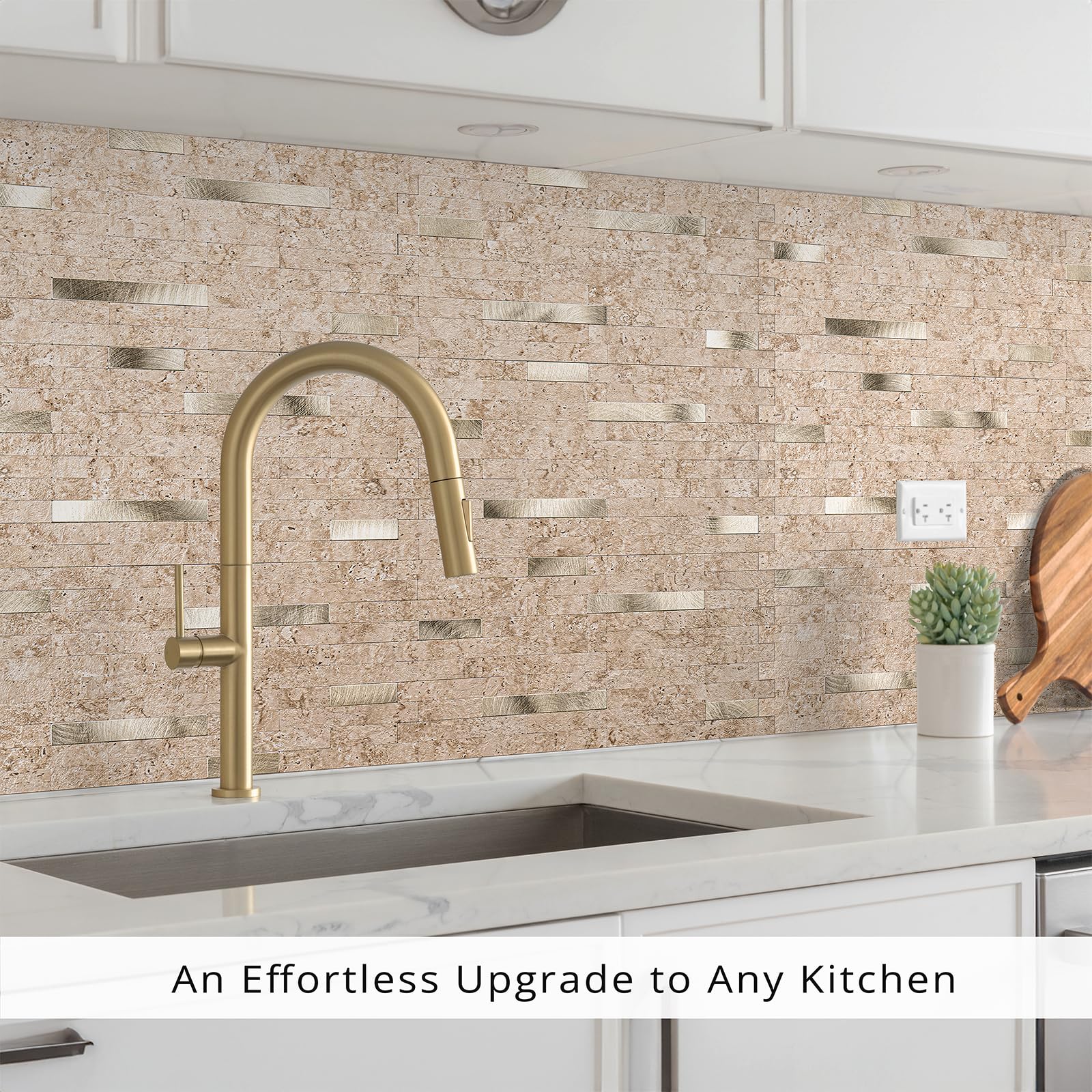 StyloVue 20 hojas para despegar y pegar contra salpicaduras para cocina, travertino clásico mejorado 2026 beige con detalles de metal dorado, azulejo adhesivo para salpicaduras de cocina, caravana