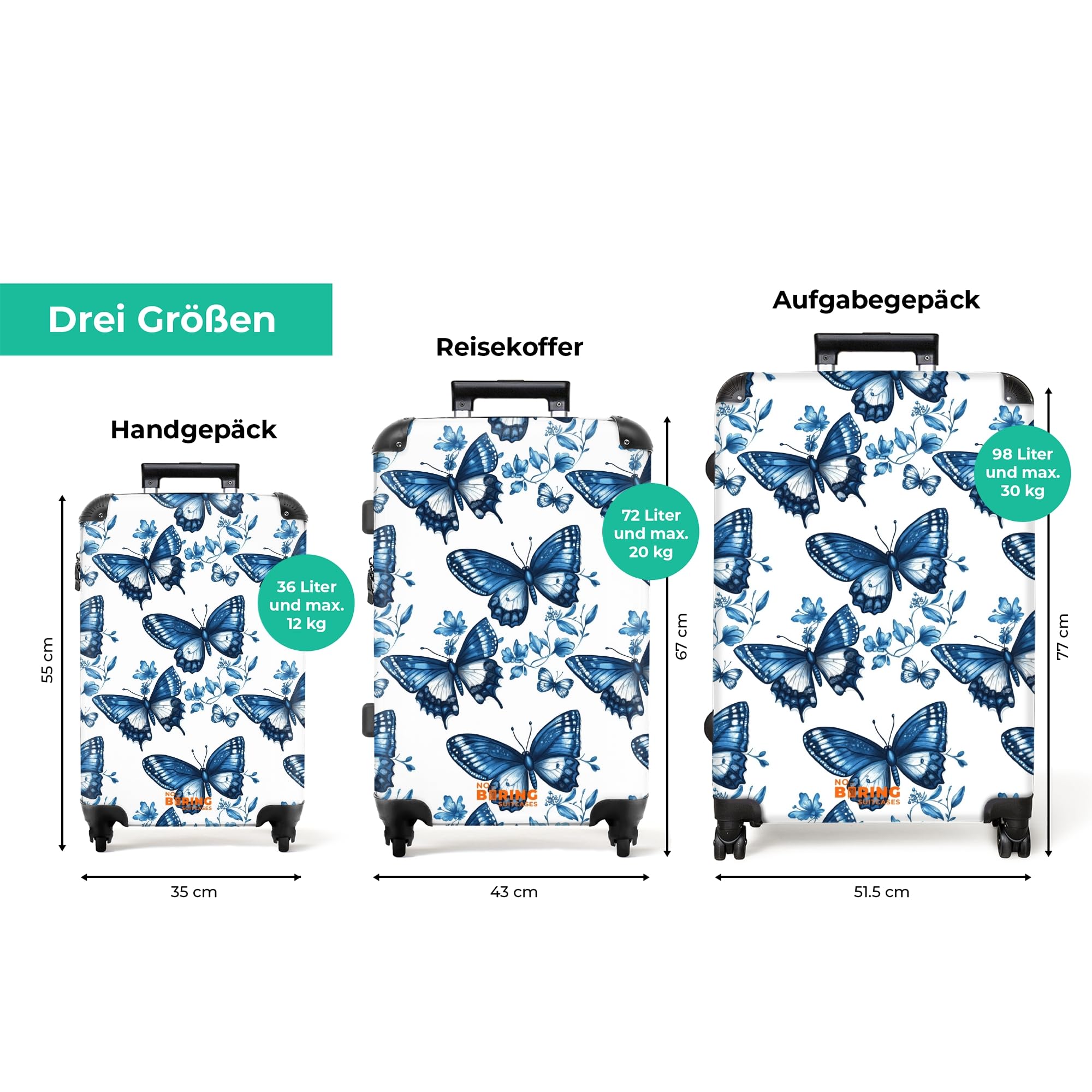 NoBoringSuitcases.com® Koffer Mittelgroß 67x43x25 cm Hartschalenkoffer L Trolley Rollkoffer 4 Rollen Leicht Hartschale Mittel Groß Blau - Schmetterlinge - Blumen - Weiß