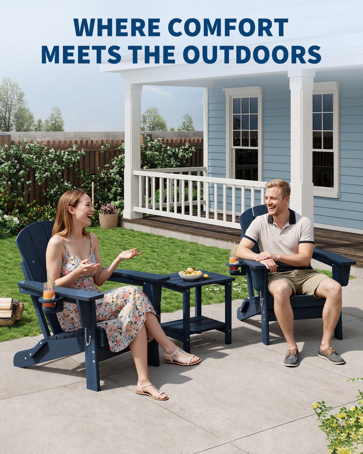 Garvee Chaise Adirondack Pliante HDPE Effet Bois – Résistante Pluie et Toutes Saisons – Porte-gobelet – Idéale terrasse, Jardin, Piscine, Coin feu – Bleu Marine embossé – Embossed Wood Grain