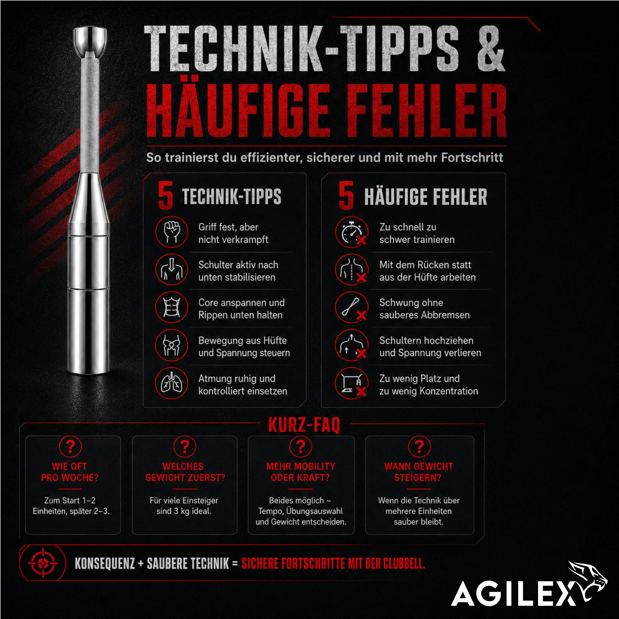 AGILEX verstellbare Indian Clubbell/Macebell 3–8 kg aus Stahl