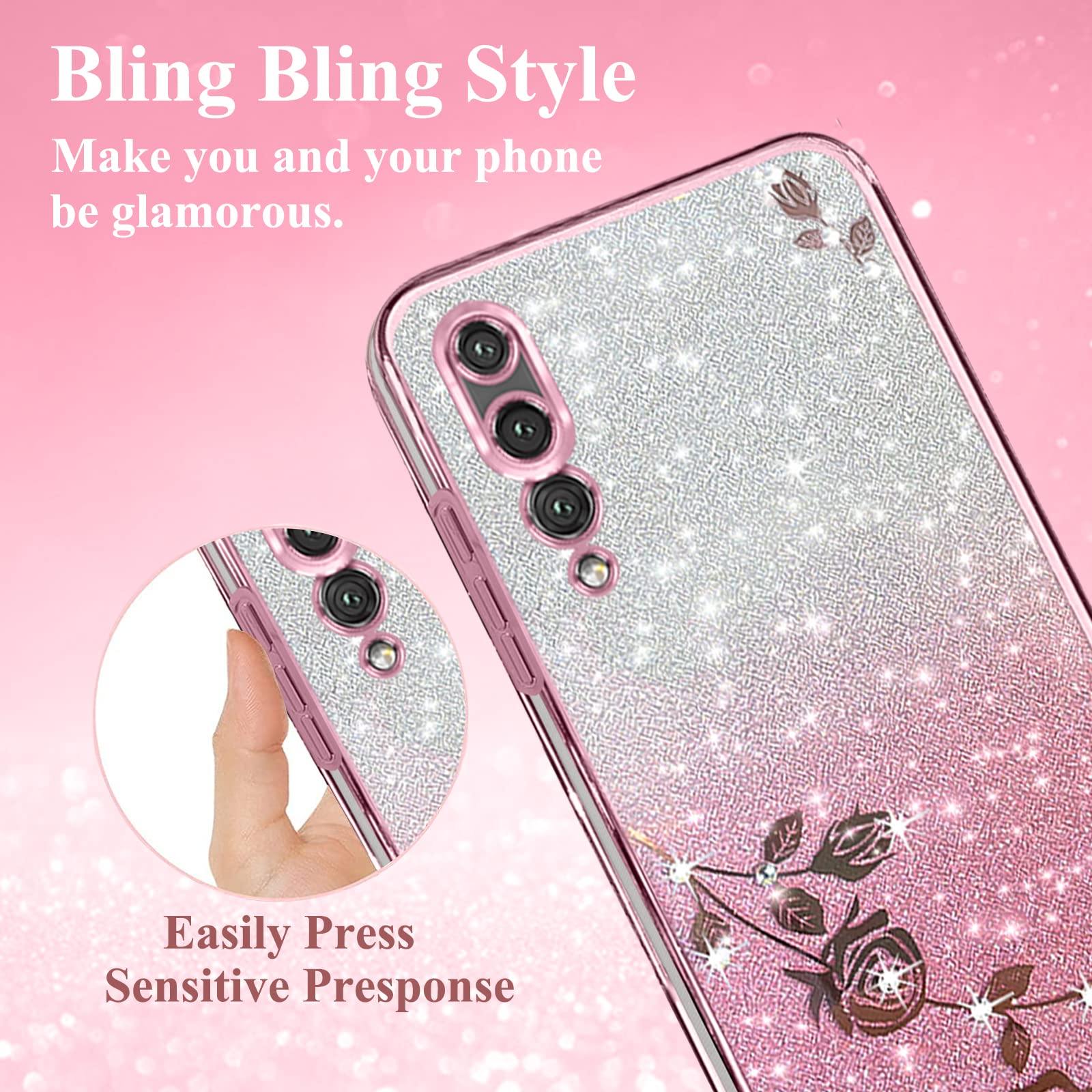 Hülle Für Huawei P30 Pro – Transparent Mit Glitzer, Blumen, Dünnes Silikon-Case, Stoßfest (Farbe: Lila)