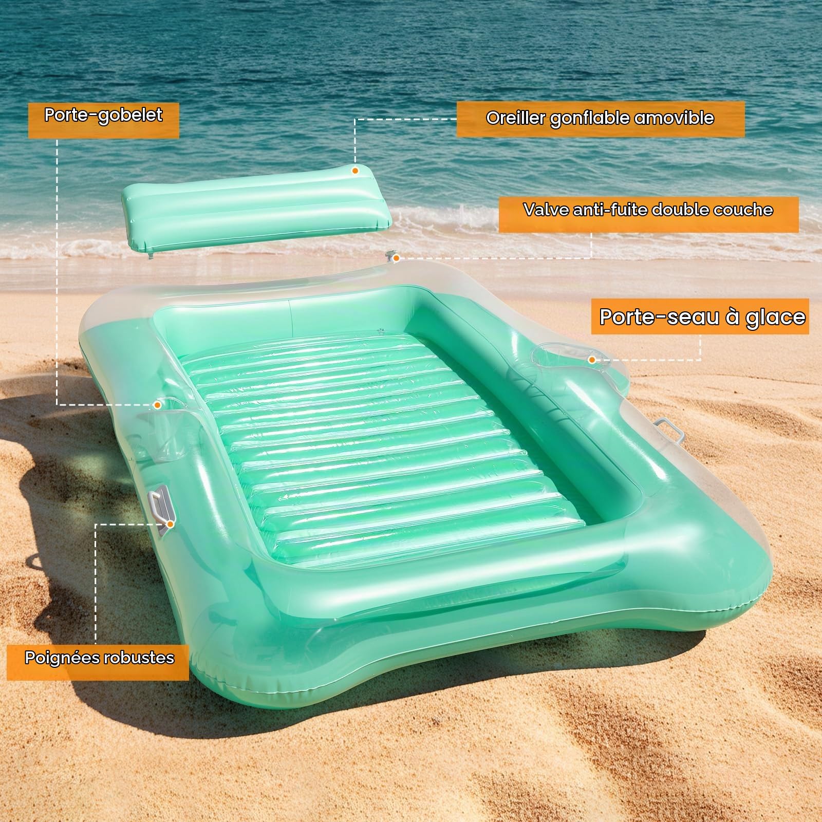 HeySplash Flotteur de Piscine Gonflable, Grand Bateau Flottant Gonflable pour Adultes avec Porte-Gobelet et Oreiller Détachable, Flotteur de Bronzage en Lac, Rivière, Eté, Vert Cristallin