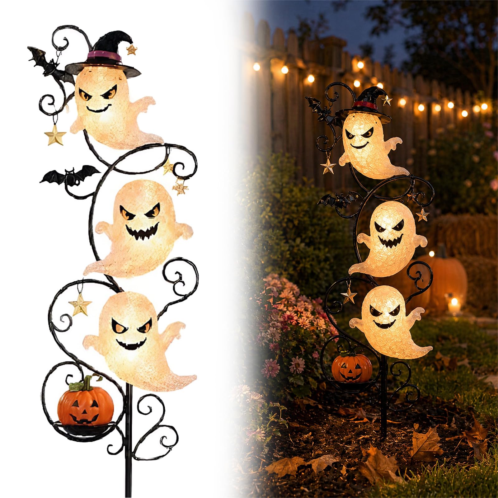 Halloween Triple Ghost Stake Lights with Witch Hat for Halloween Decor