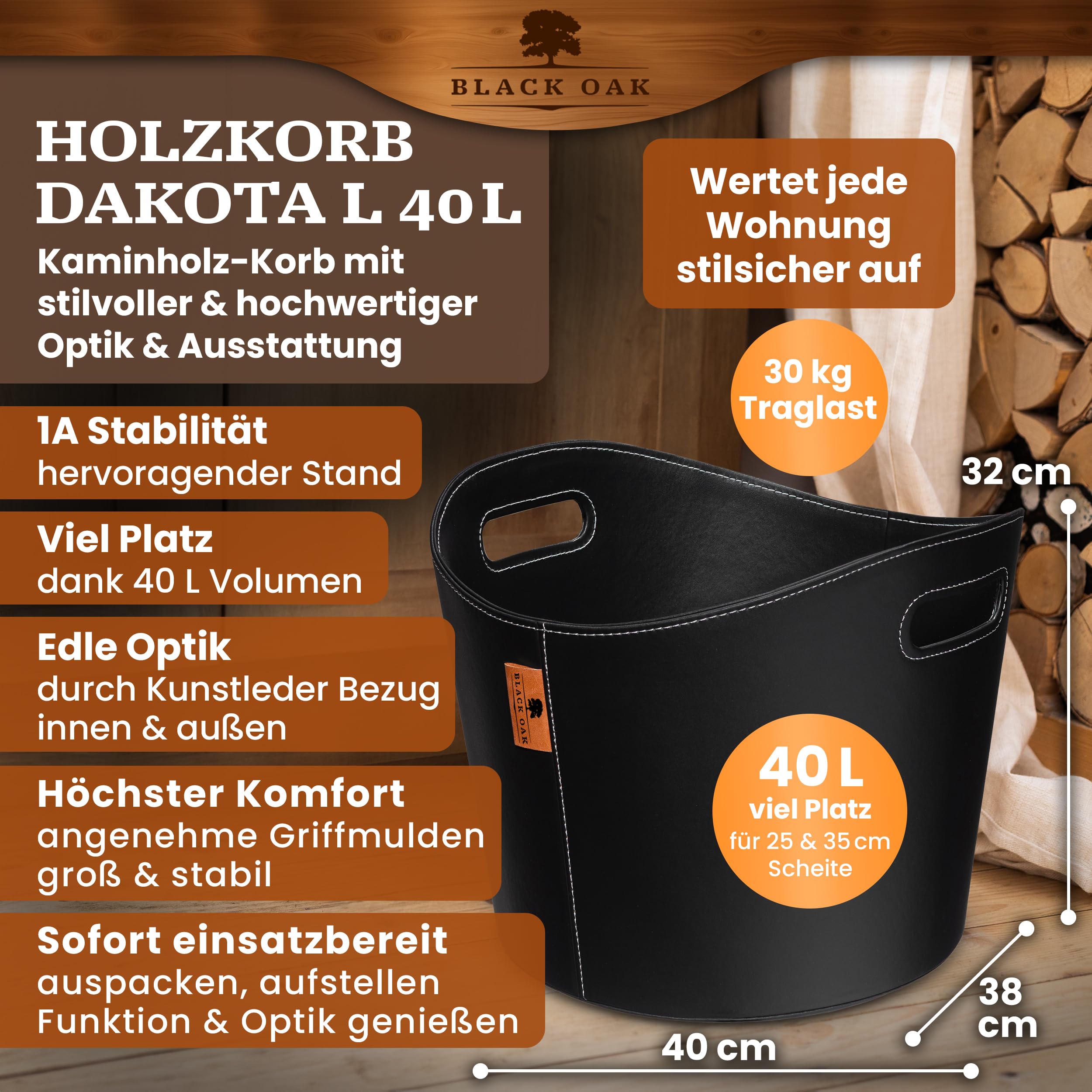 BLACK OAK DAKOTA L 40L Holzkorb für Kaminholz - Kunstleder schwarz 30kg Traglast - 40 Liter 40x38x32cm - Kaminholzkorb Holzkorb Brennholzkorb Tasche Korb für Holz Transport & Aufbewahrung schwarz